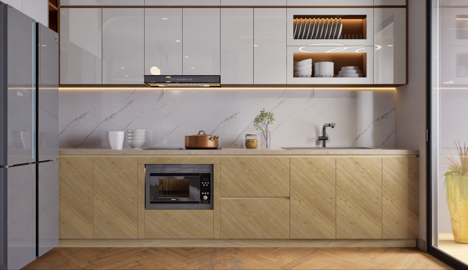 Light Wooden Laminate Cabinets with Marble Backsplash for Sleek Kitchen Design | Material Depot