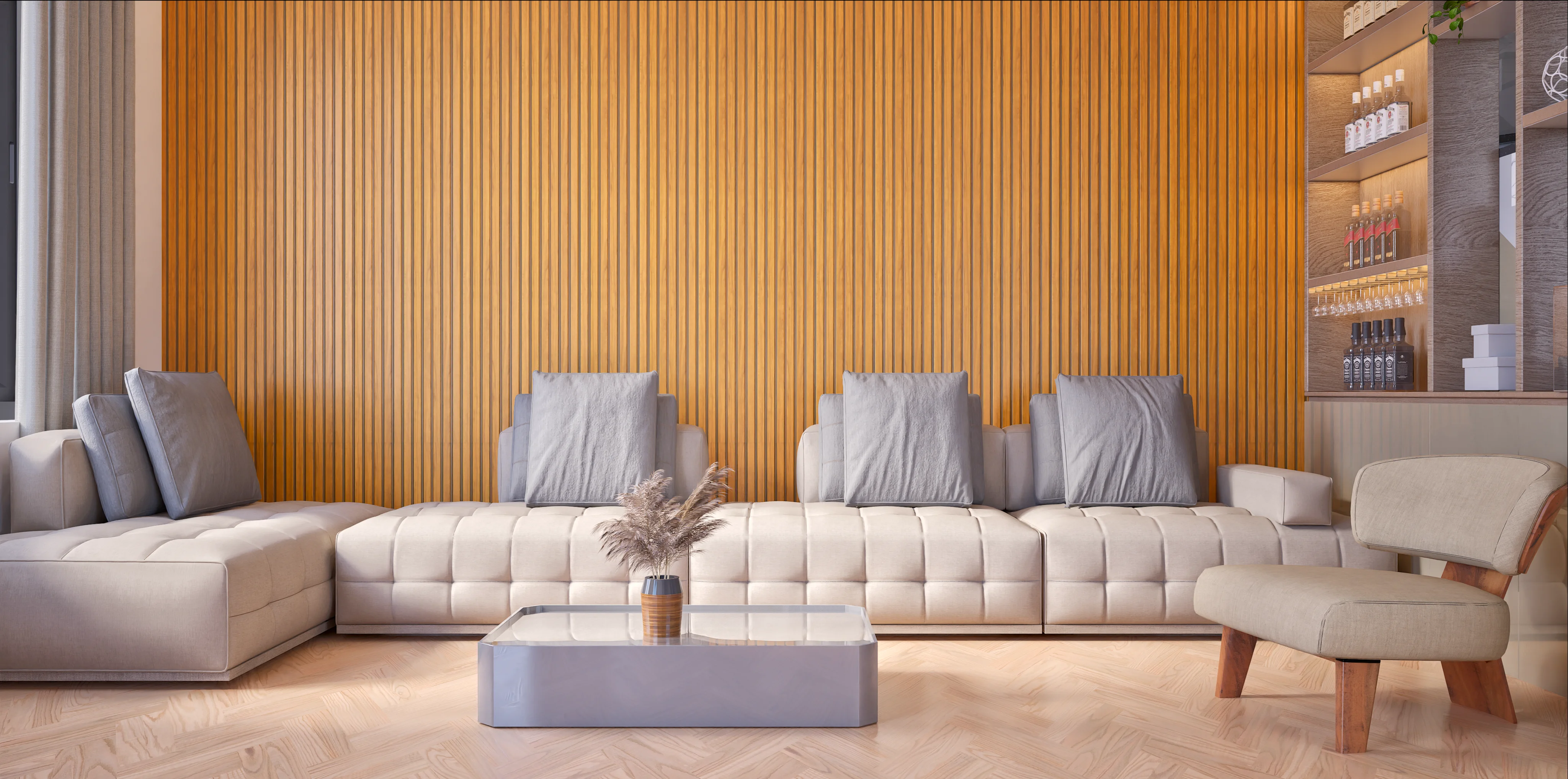 Living Room with Bright Yellow Wall Paneling