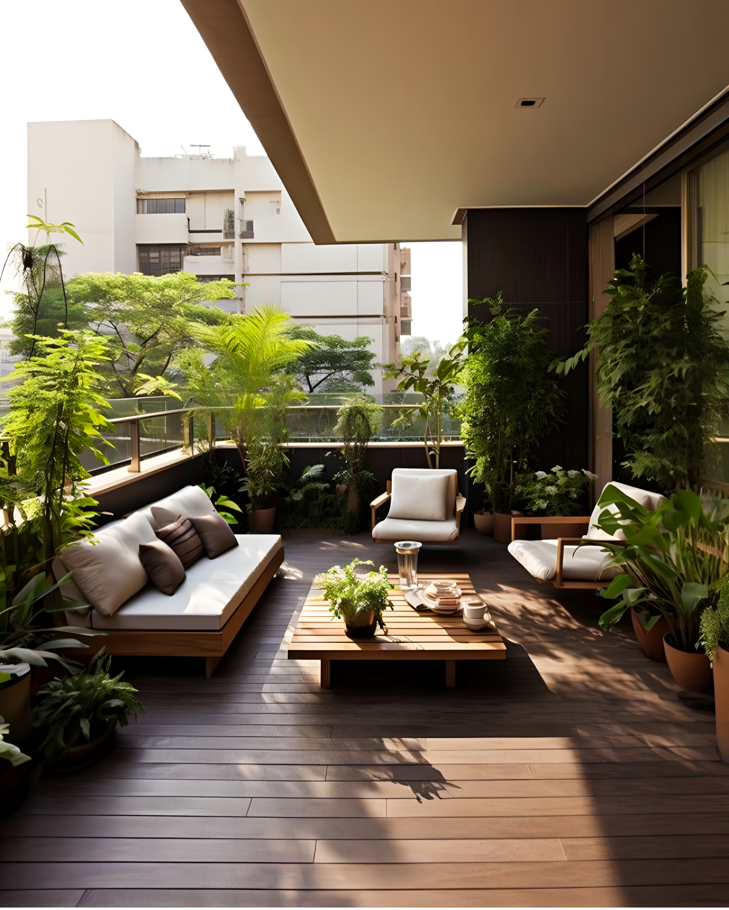 Lush Balcony with Wooden Decking and Greenery | Material Depot