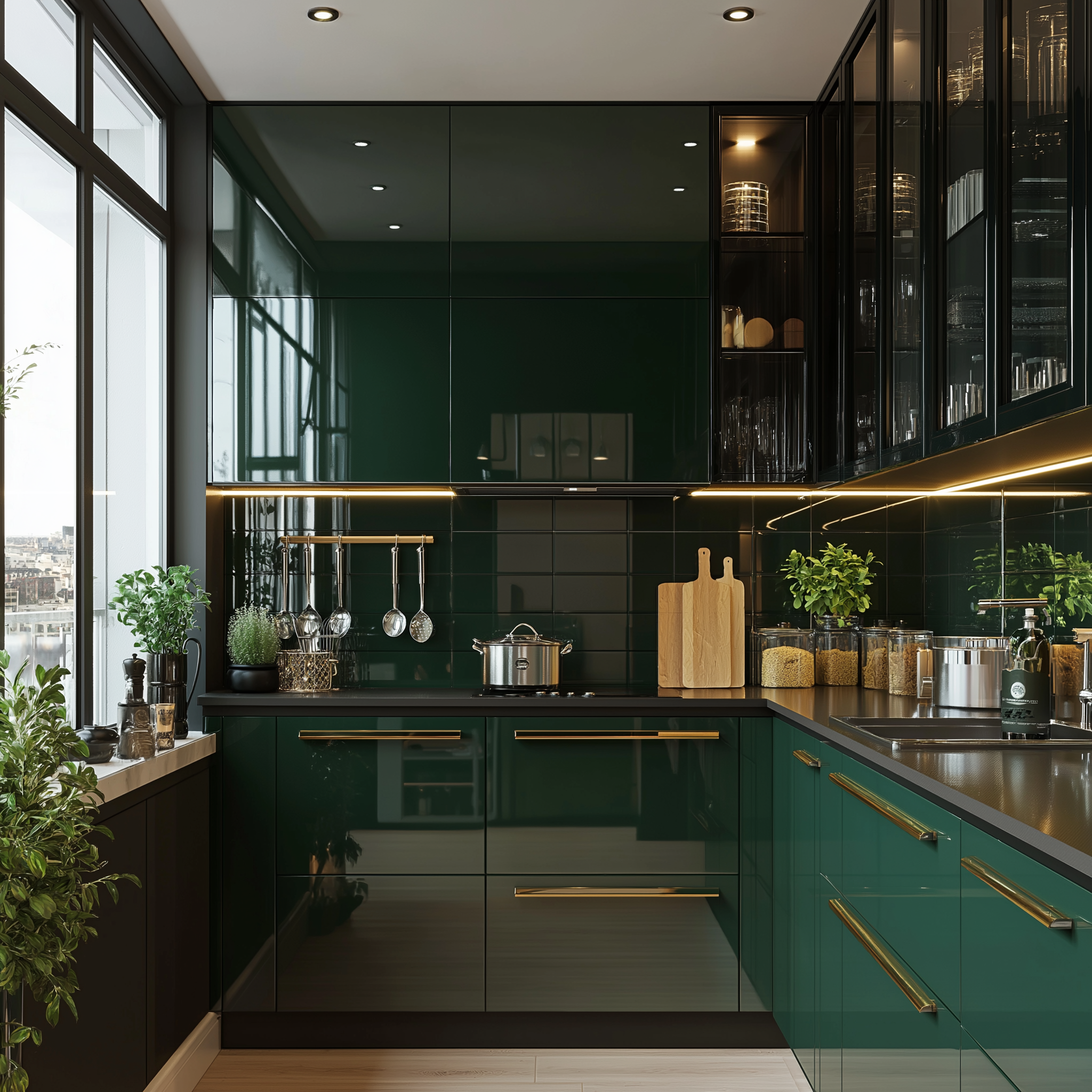 Lush Green and Black Kitchen with Gold Accents and Botanical Touches | Material Depot