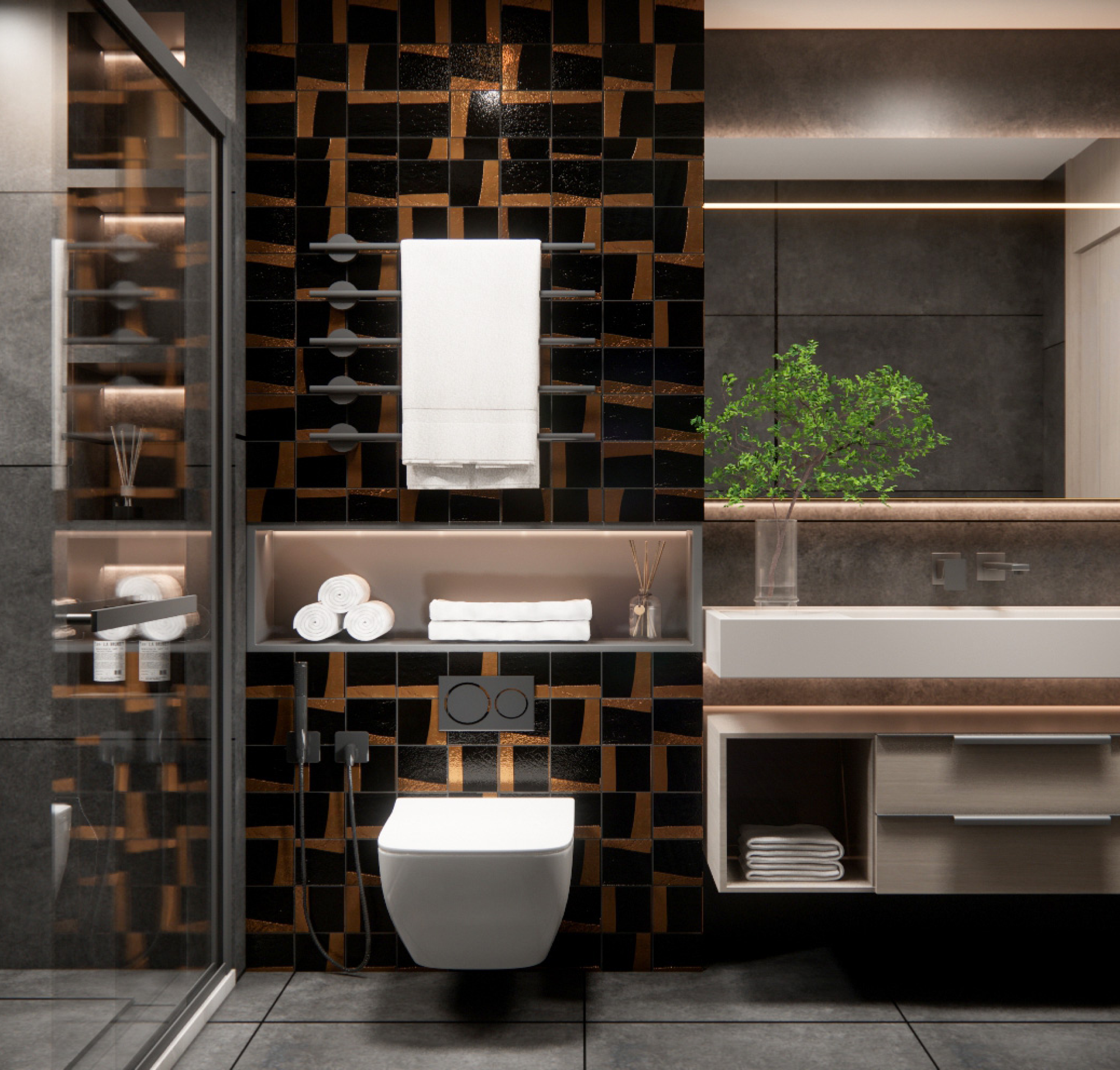 Luxe Black & Copper Bathroom with Artistic Highlighter Tiles | Material Depot