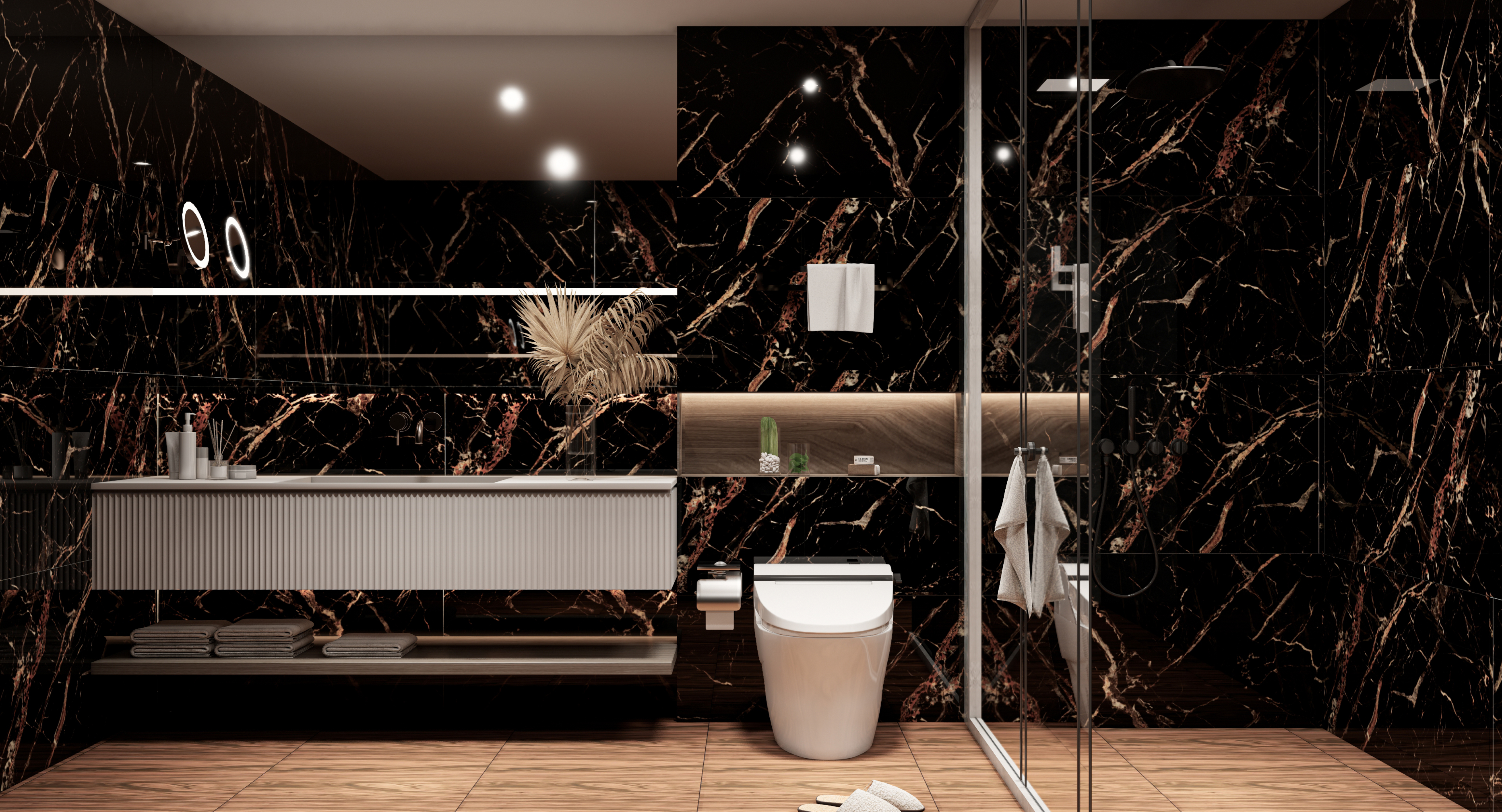 Luxurious Bathroom with Black Marble Walls and Warm Wood Floors | Material Depot