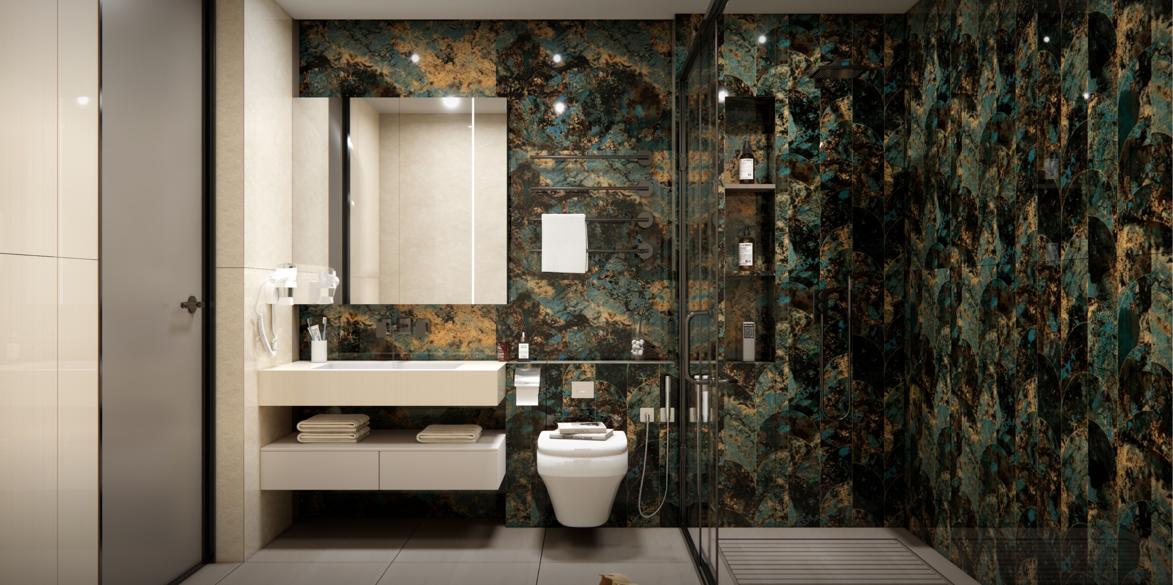 Luxurious Bathroom with Deep Marble Effect Tiles and Minimalist Vanity | Material Depot