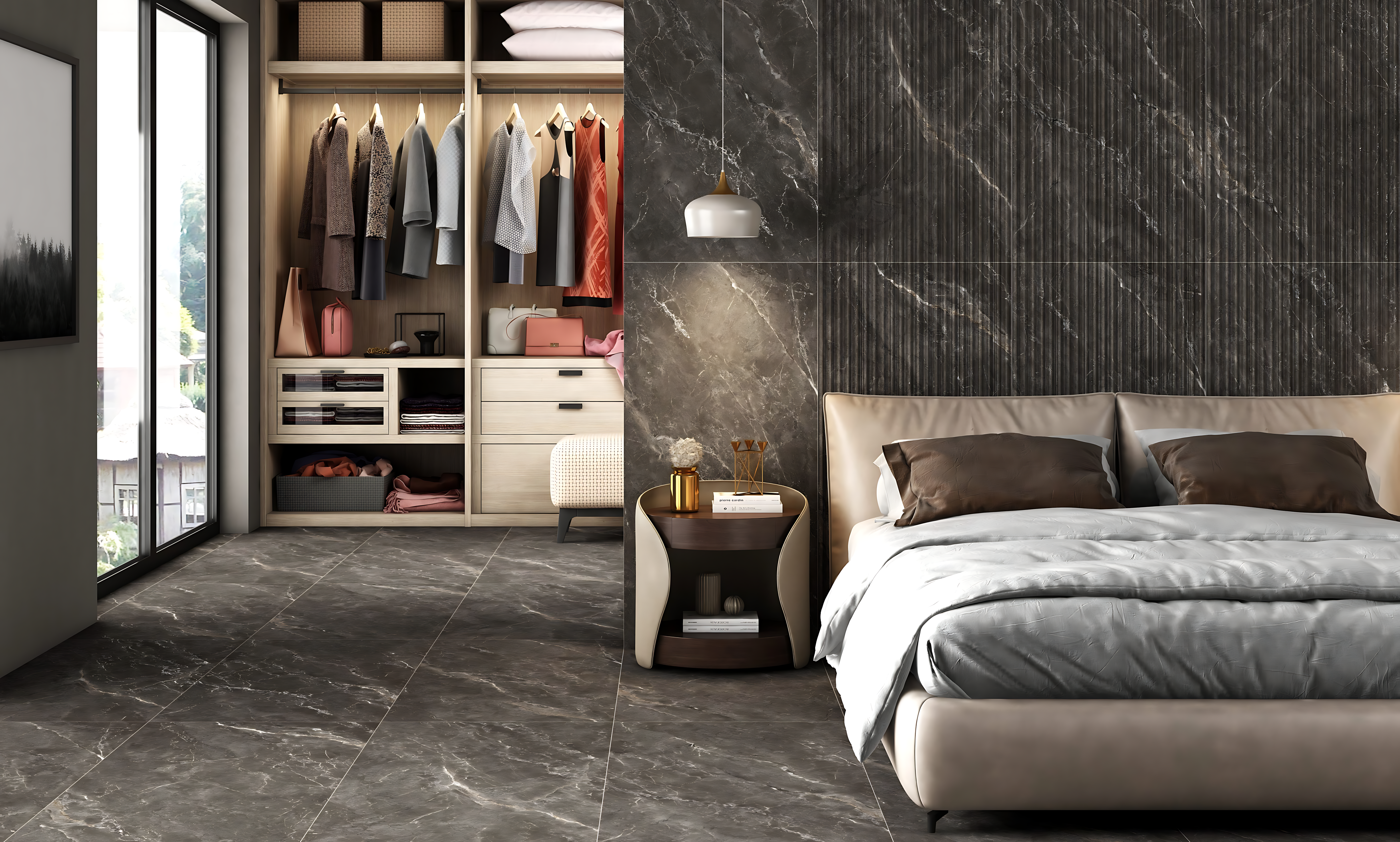 Luxurious Bedroom with Dark Marble Fluted Wall and Matching Floor Tiles – Elegant & Modern Design | Material Depot