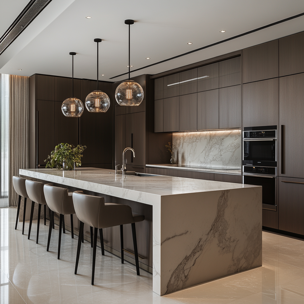 Luxurious Blend: Sophisticated Kitchen with Rich Wood and Striking Marble Accents | Material Depot