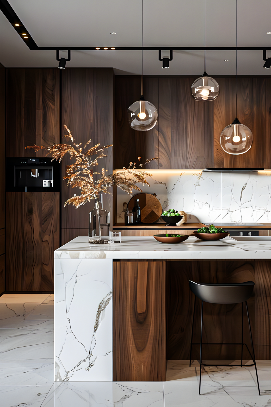 Luxurious kitchen with dark walnut cabinets, marble island, and statement lighting for a refined appeal. | Material Depot