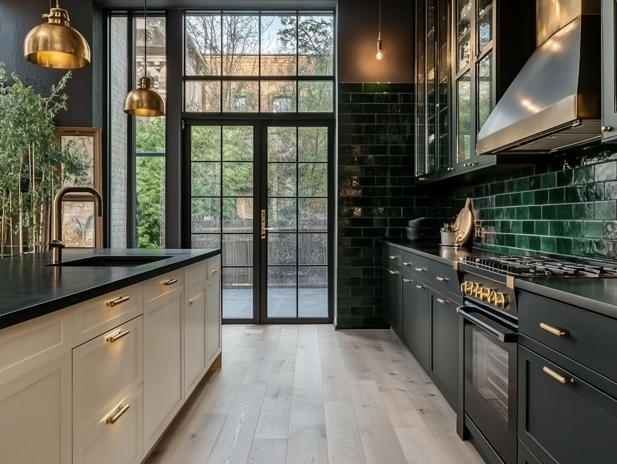 Luxurious Kitchen with Emerald Green Accents and Brass Details | Material Depot