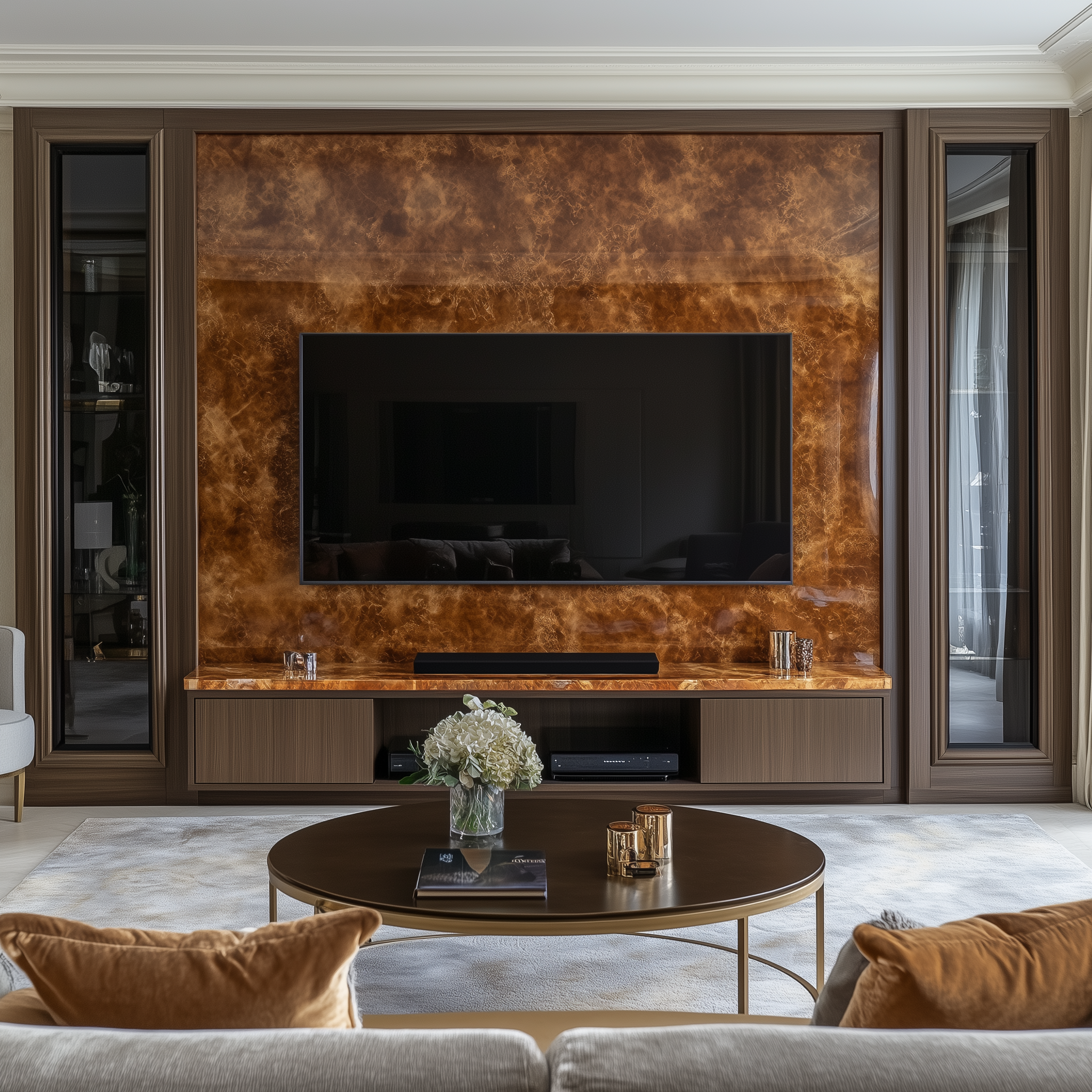 Luxurious Living Room with Brown Marble Feature Wall | Material Depot