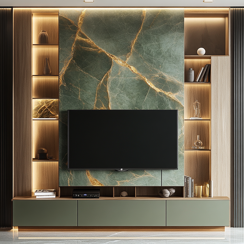 Luxurious Living Room with Green Marble Feature Wall and Gold Accents | Material Depot