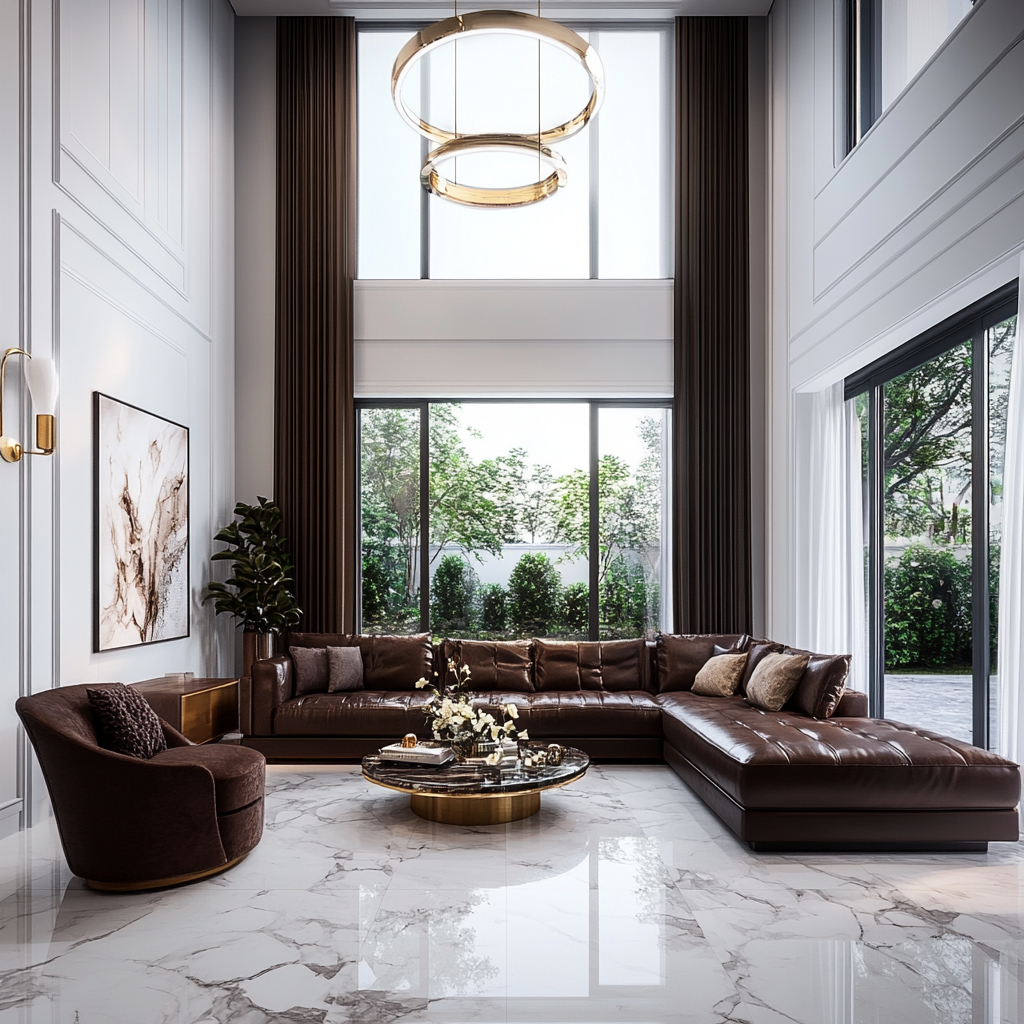 Luxurious Living Room with Large Leather Sectional and Floor-to-Ceiling Windows | Material Depot