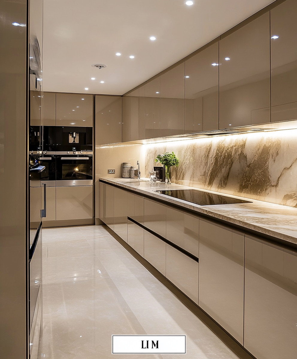 Luxurious Marble Kitchen with Mirrored Cabinetry | Material Depot