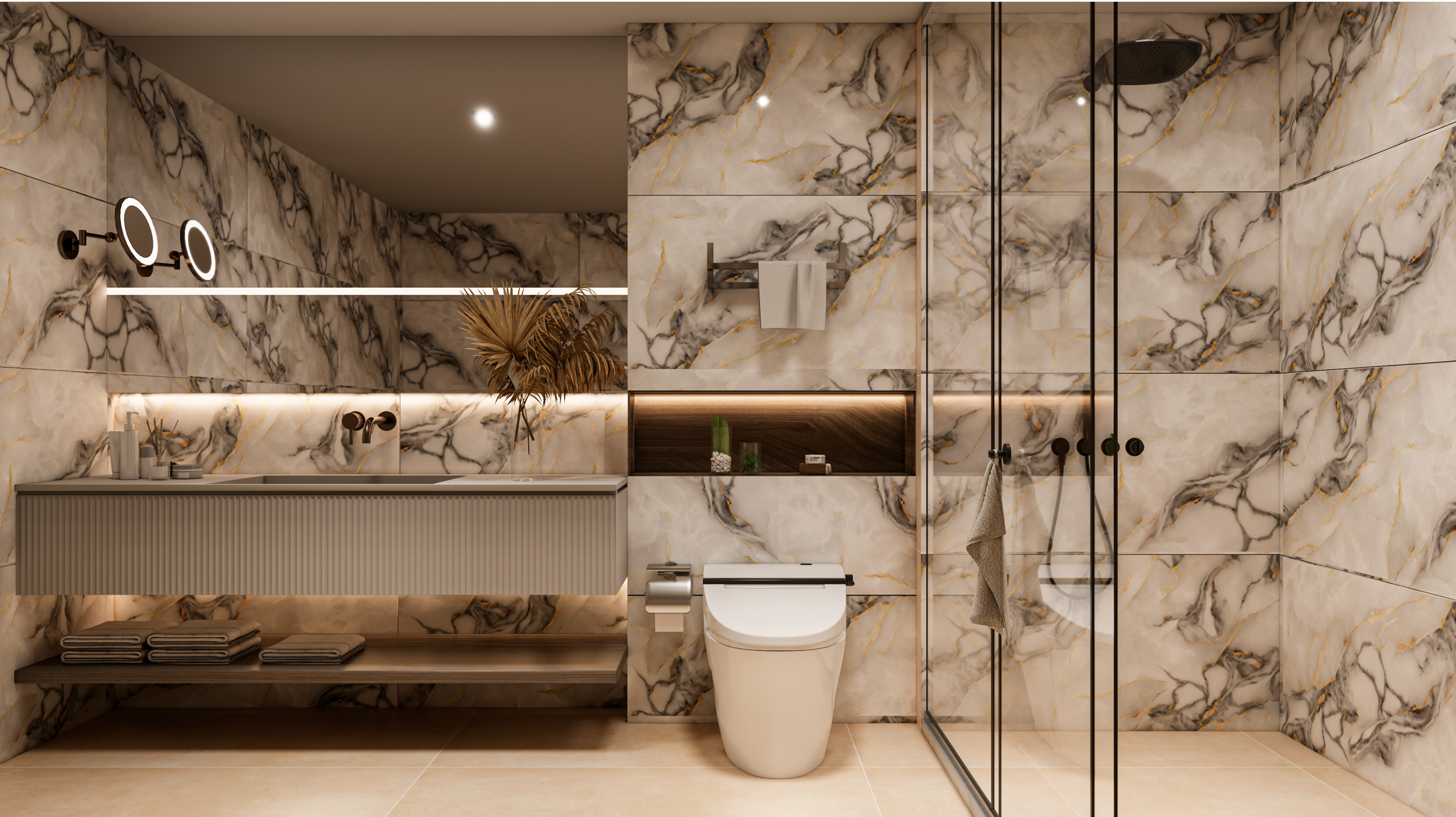 Luxurious Marble Patterned Bathroom with Earthy Accents | Material Depot