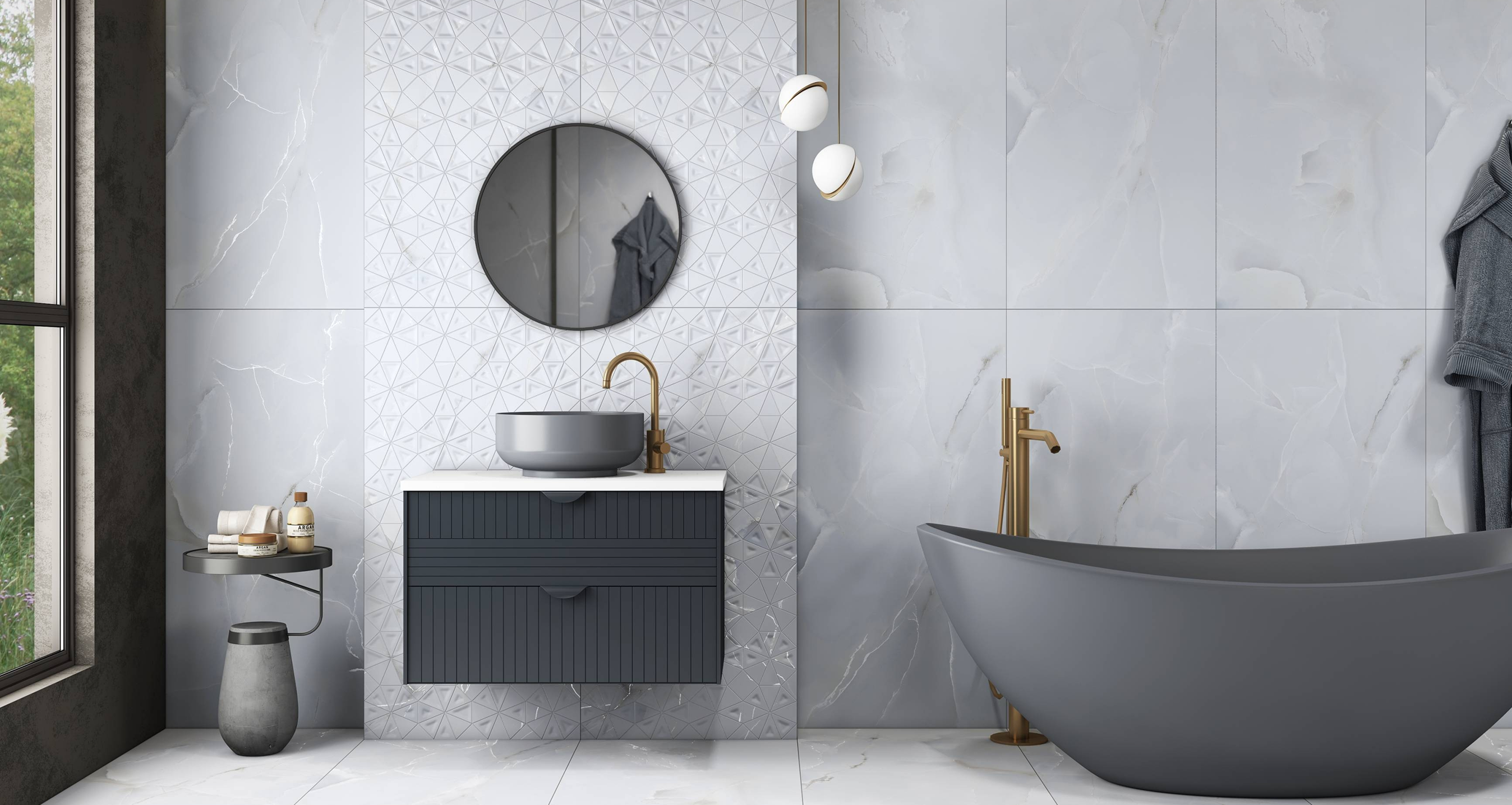 Luxurious Modern Bathroom with Marble & Geometric Accent Tiles | Material Depot