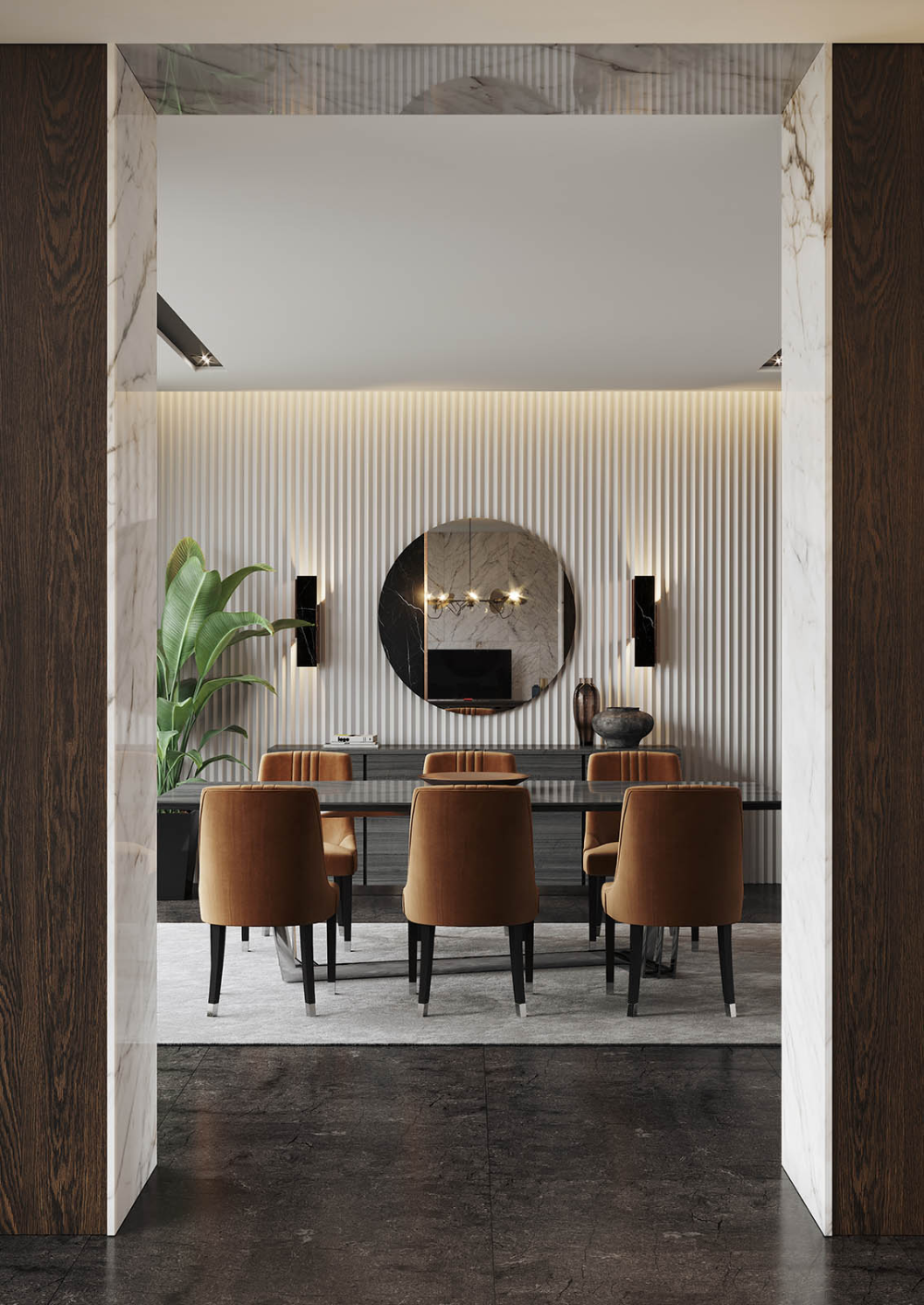 Luxurious Modern Dining Room with Vertical Wall Paneling and Pendant Lighting | Material Depot