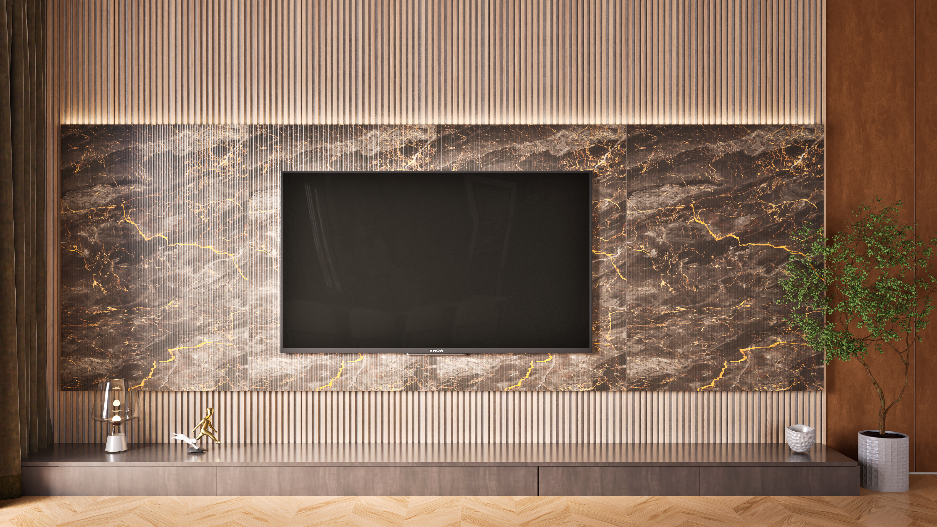 Luxurious TV Wall Panel with Marble and Wooden Fluted Detailing | Material Depot