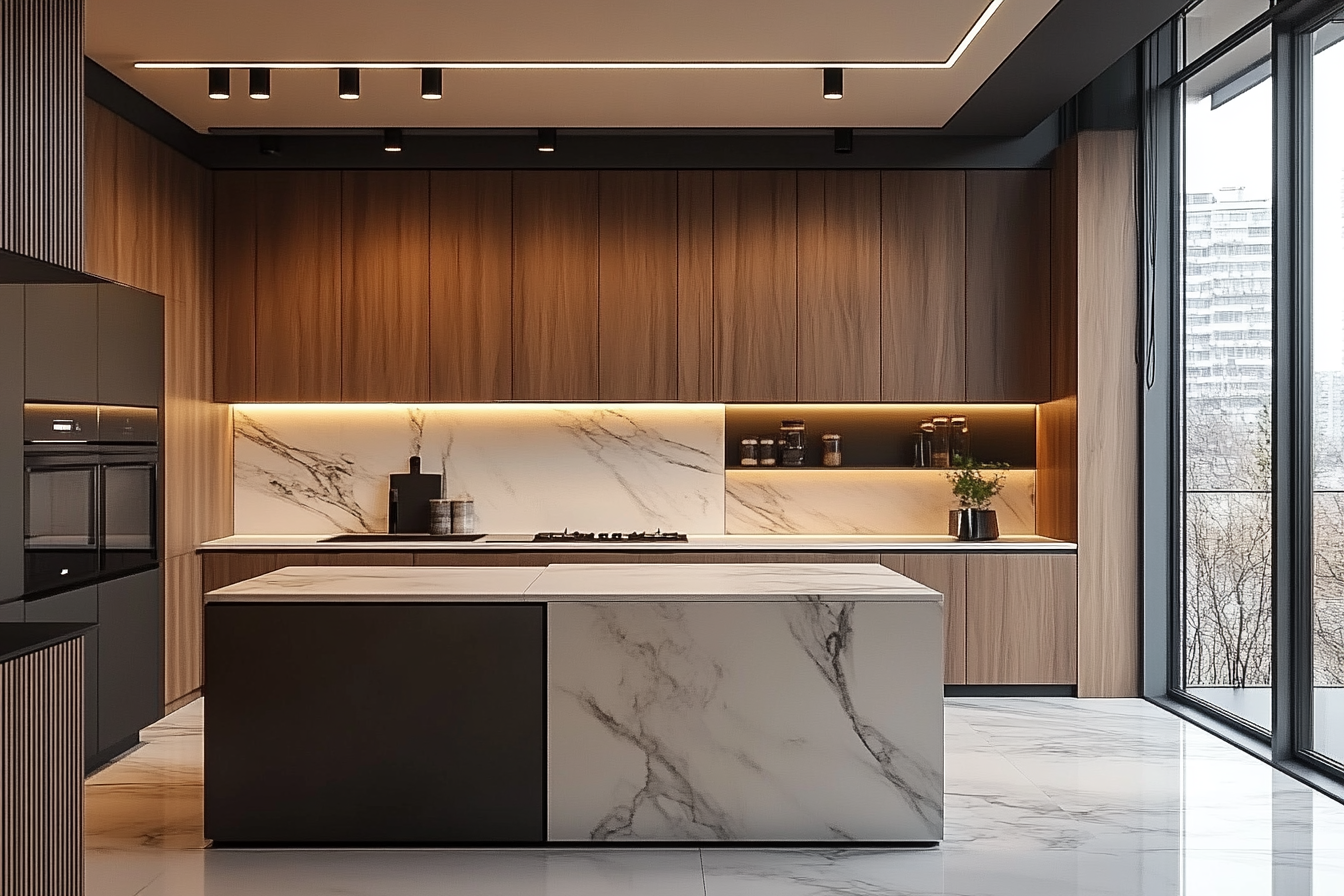 Luxurious Walnut and Marble Kitchen with Natural Light | Material Depot