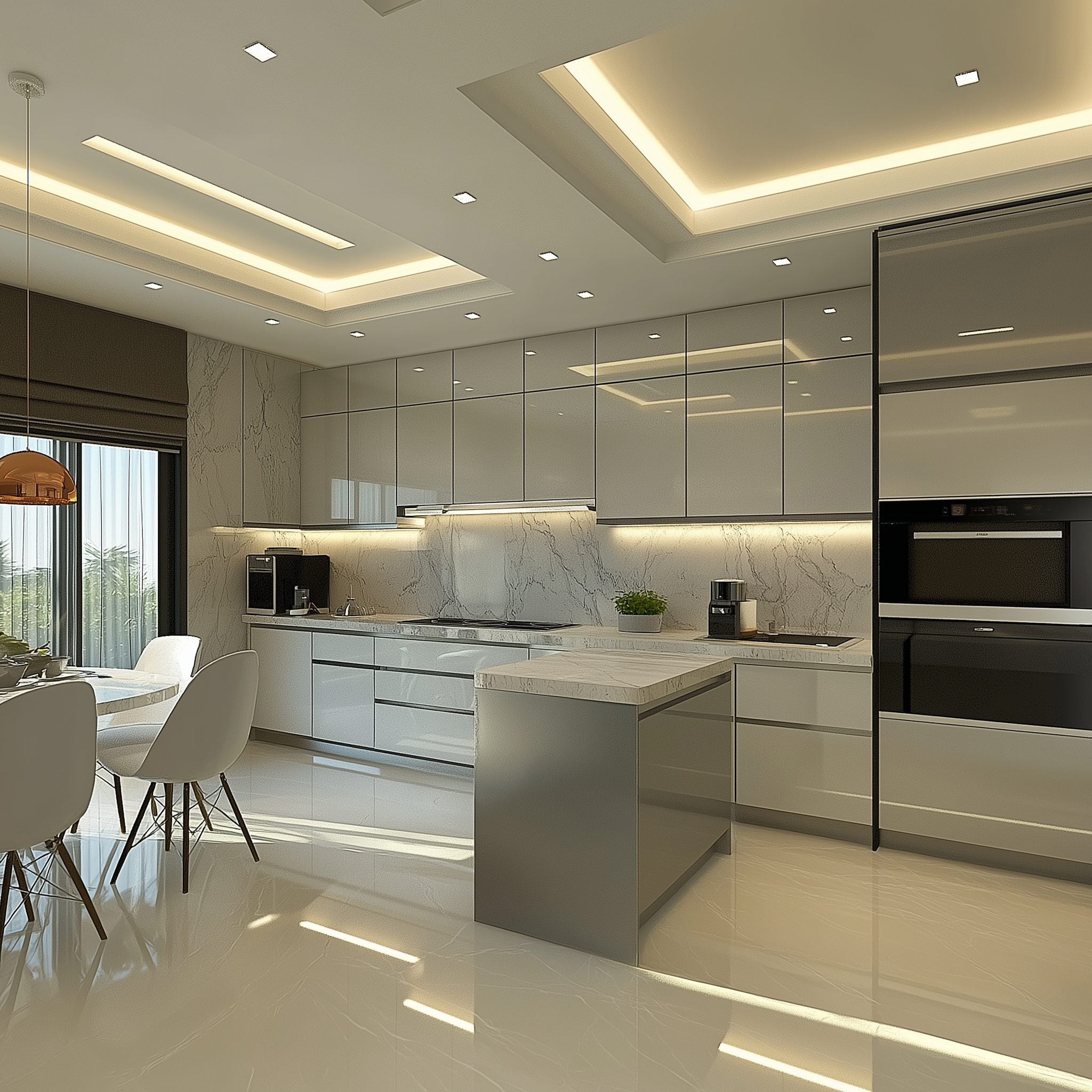 Luxurious White Marble Kitchen with Glossy Cabinets | Material Depot