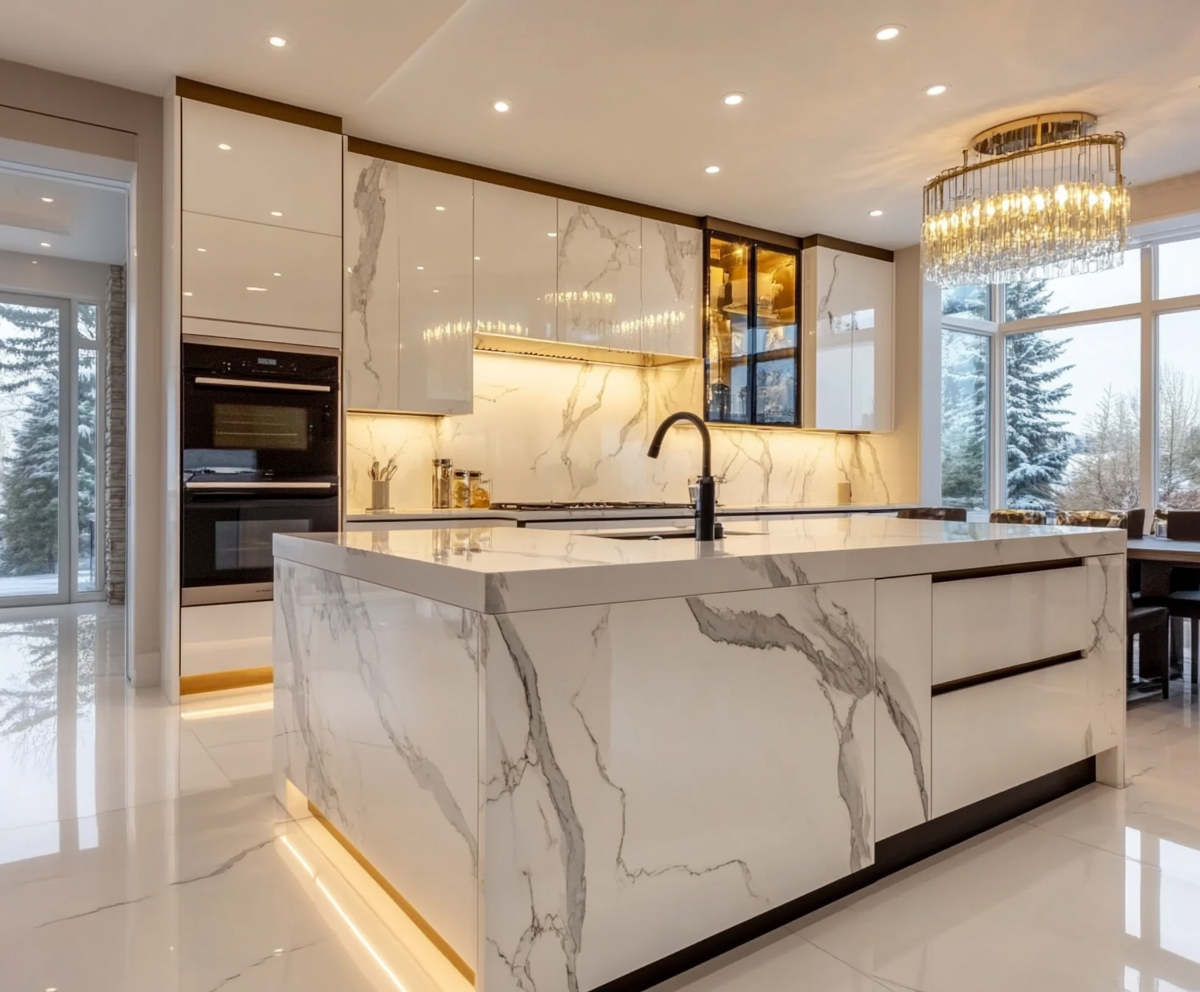 Luxurious White Marble Kitchen with Golden Accents and Opulent Chandelier | Material Depot