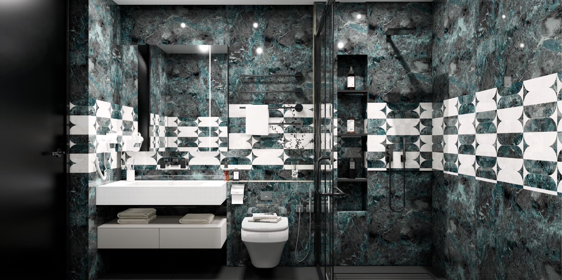 Luxury Bathroom with Geometric Monochrome and Rich Marble-Look Tiles | Material Depot