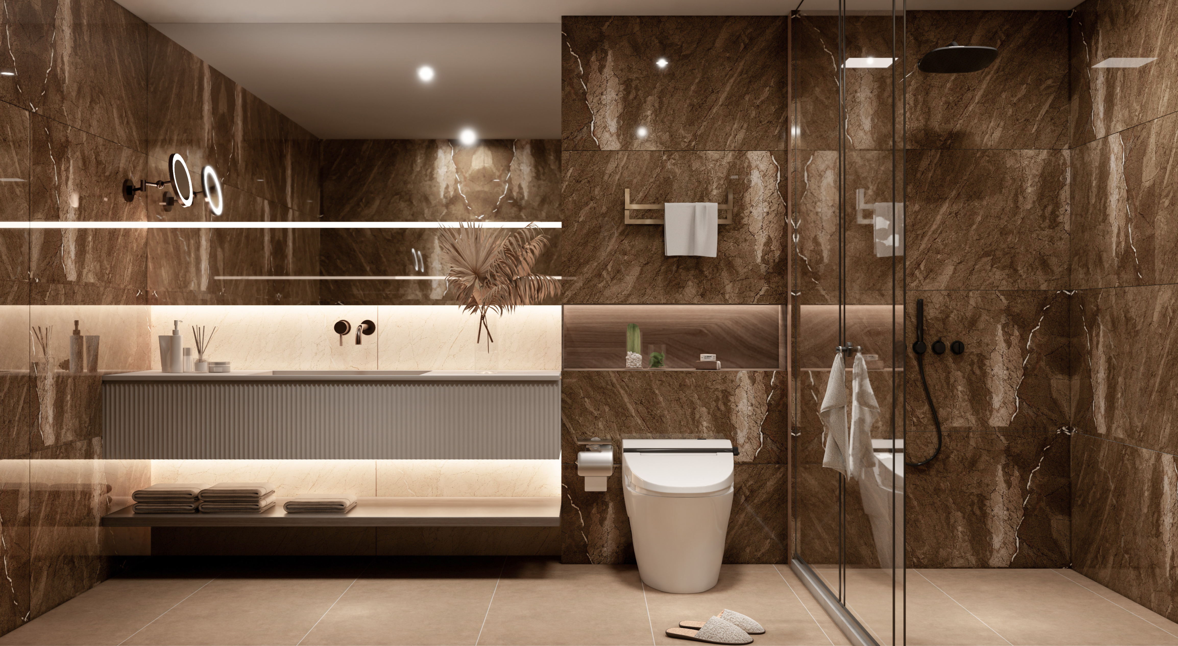 Luxury Bathroom with Polished Brown Marble Walls | Material Depot