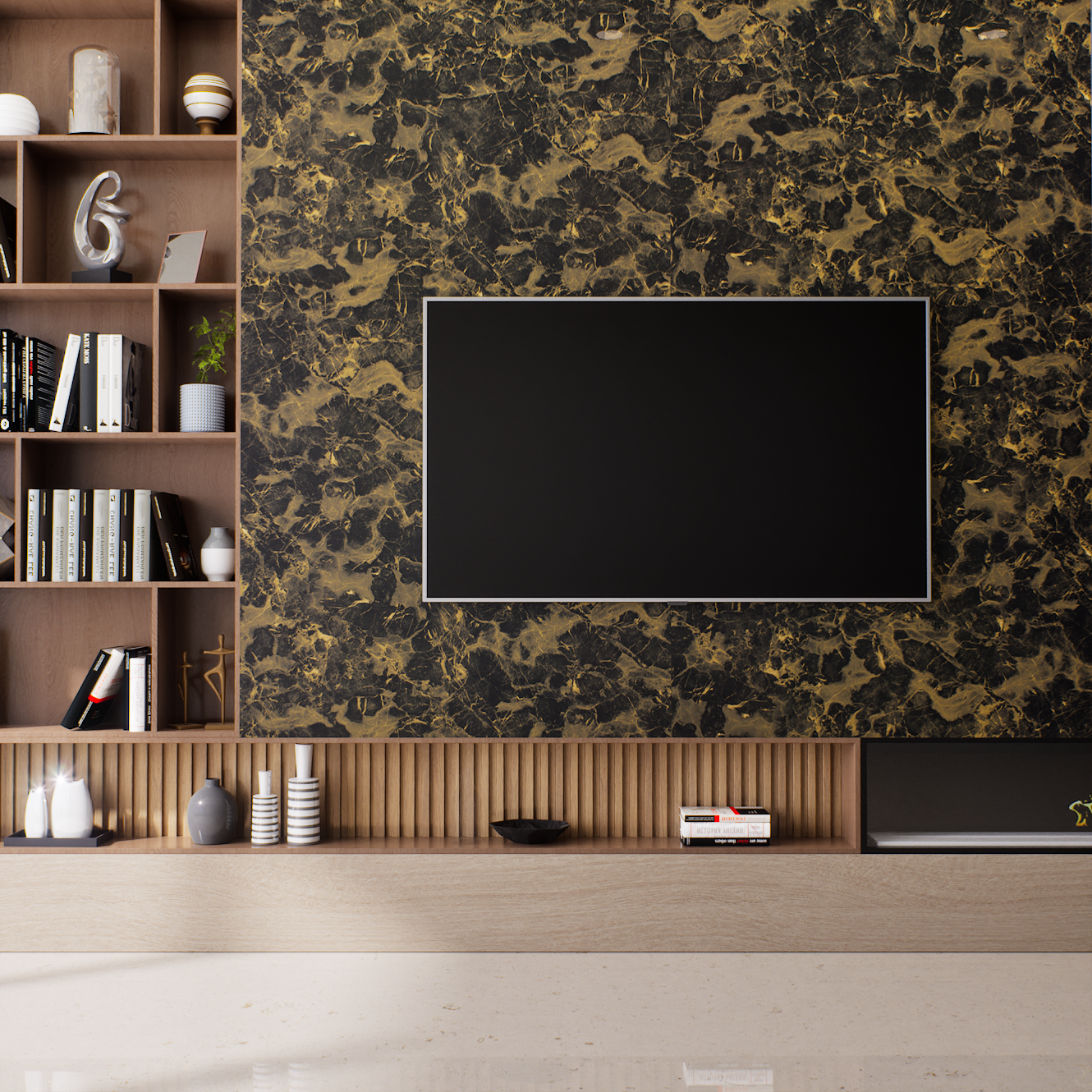 Luxury TV Unit with Black and Gold Marble Wall | Material Depot