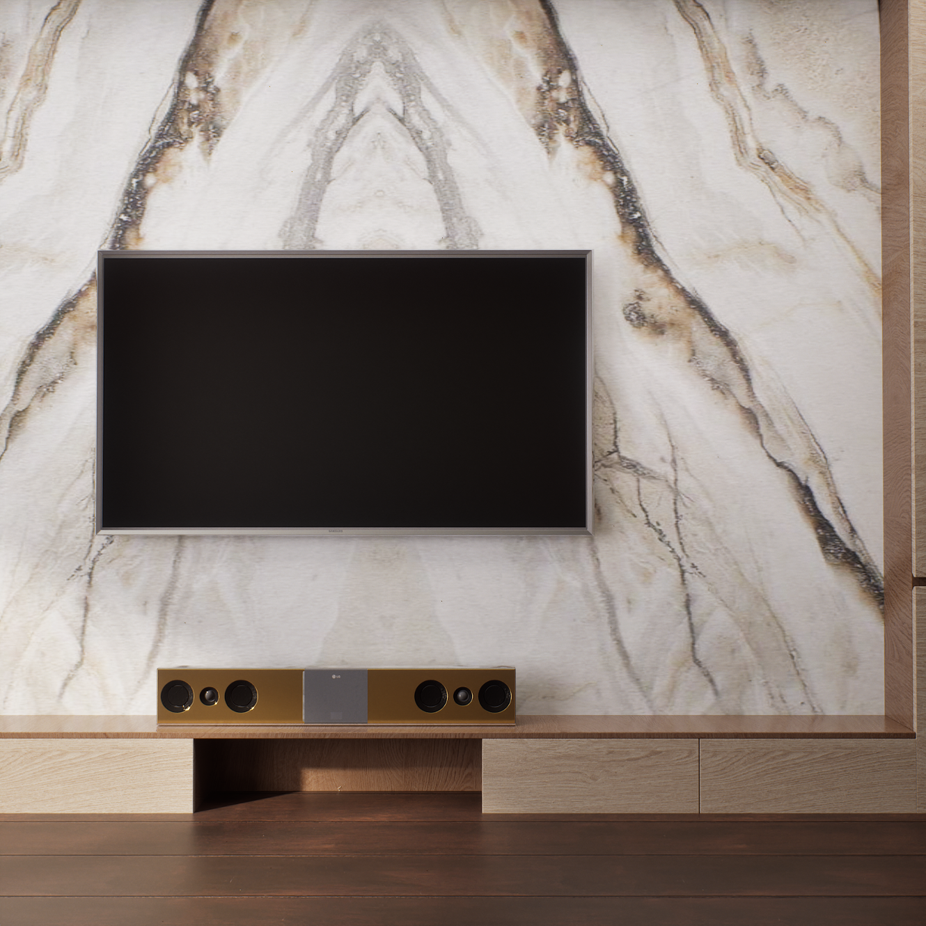 Luxury TV Unit with Marble Accent Wall | Material Depot