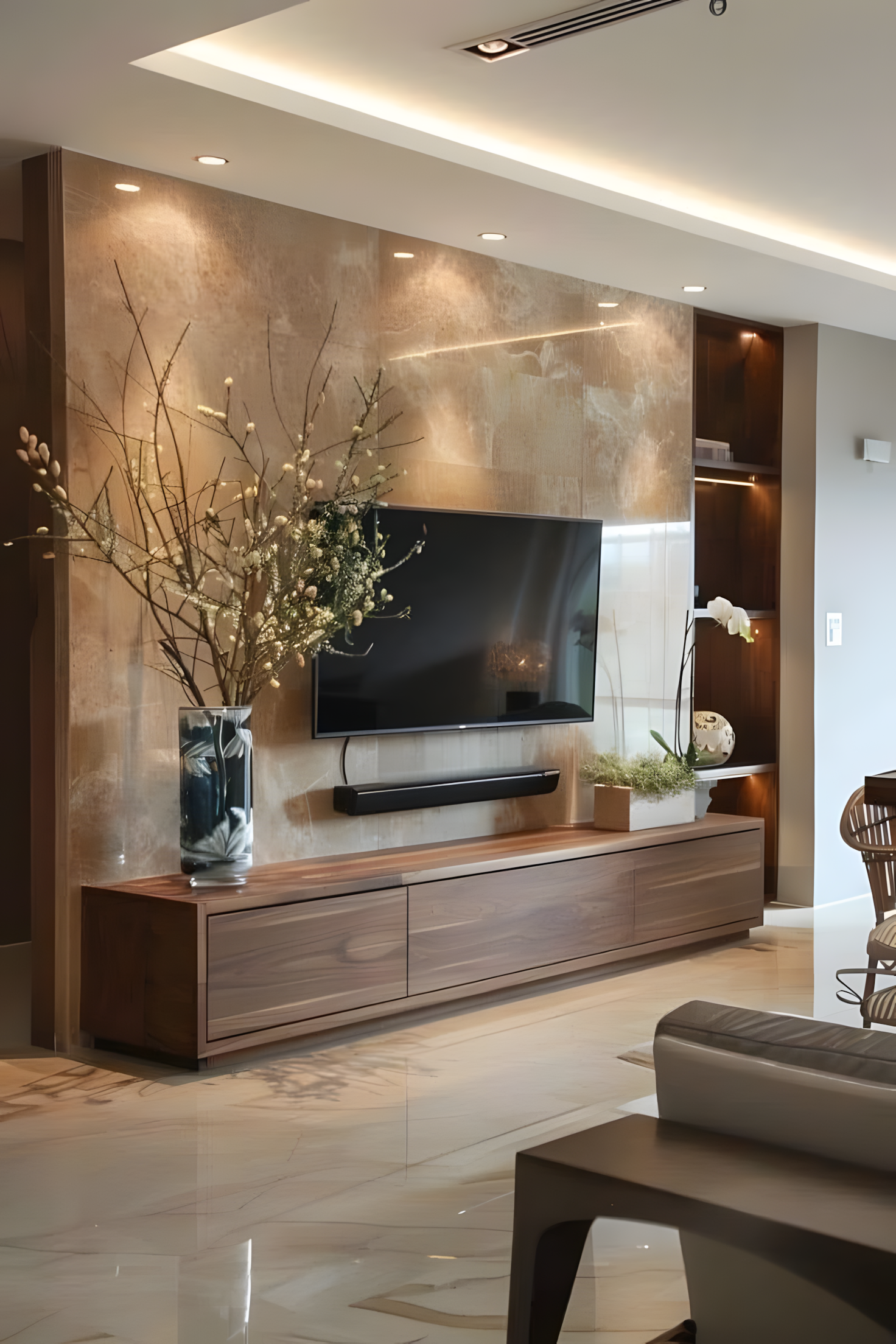 Modern TV unit with marble-look laminate wall panel and walnut wood ...