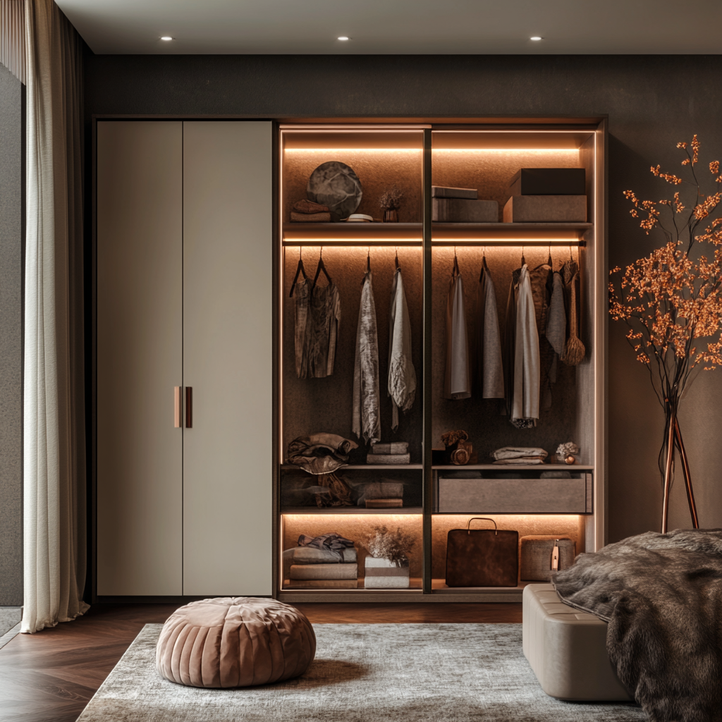 Luxury Walk-in Wardrobe with Soft Lighting and Minimalist Design | Material Depot