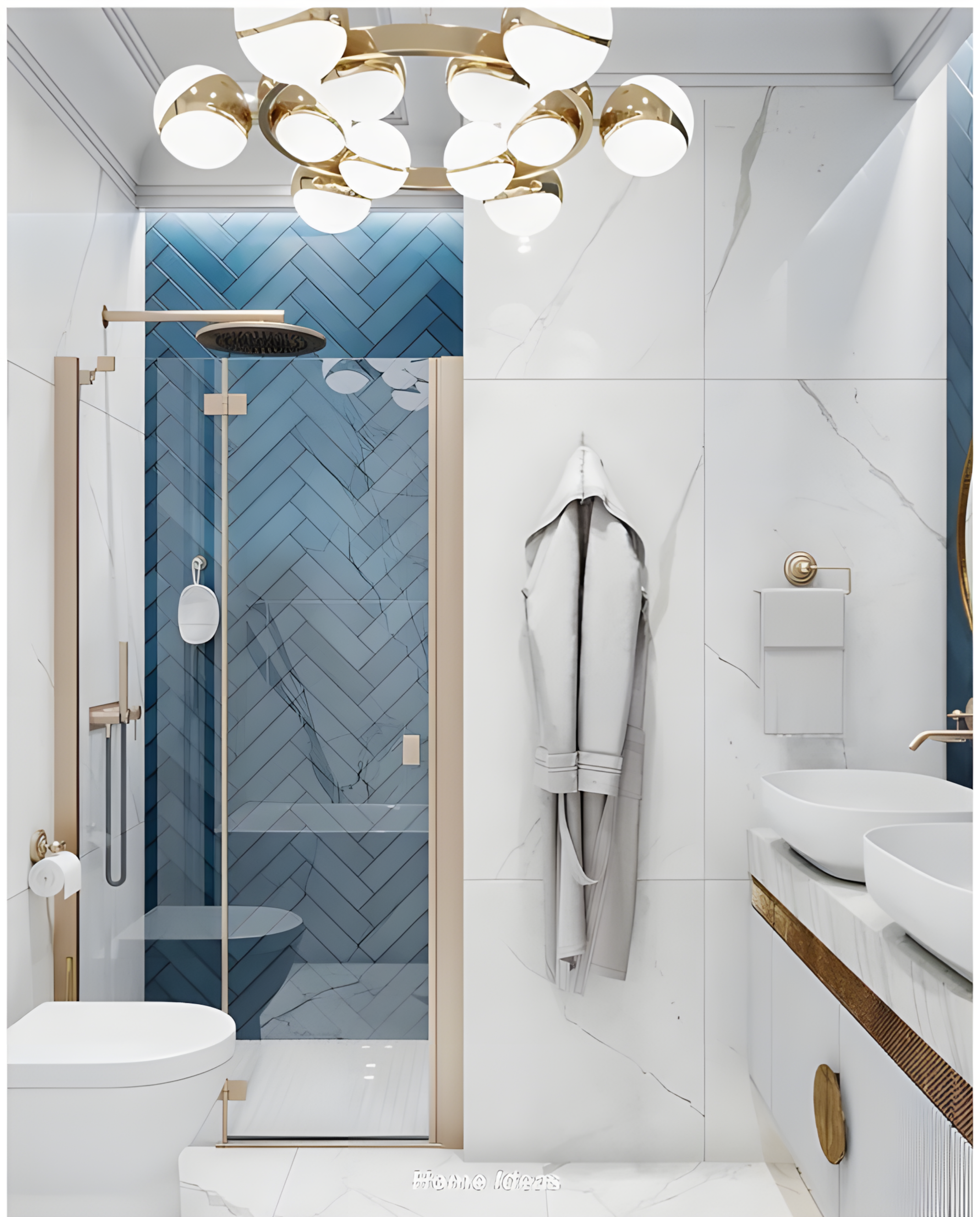 Luxury Marble and Blue Herringbone Tile Bathroom with Gold Accents | Material Depot