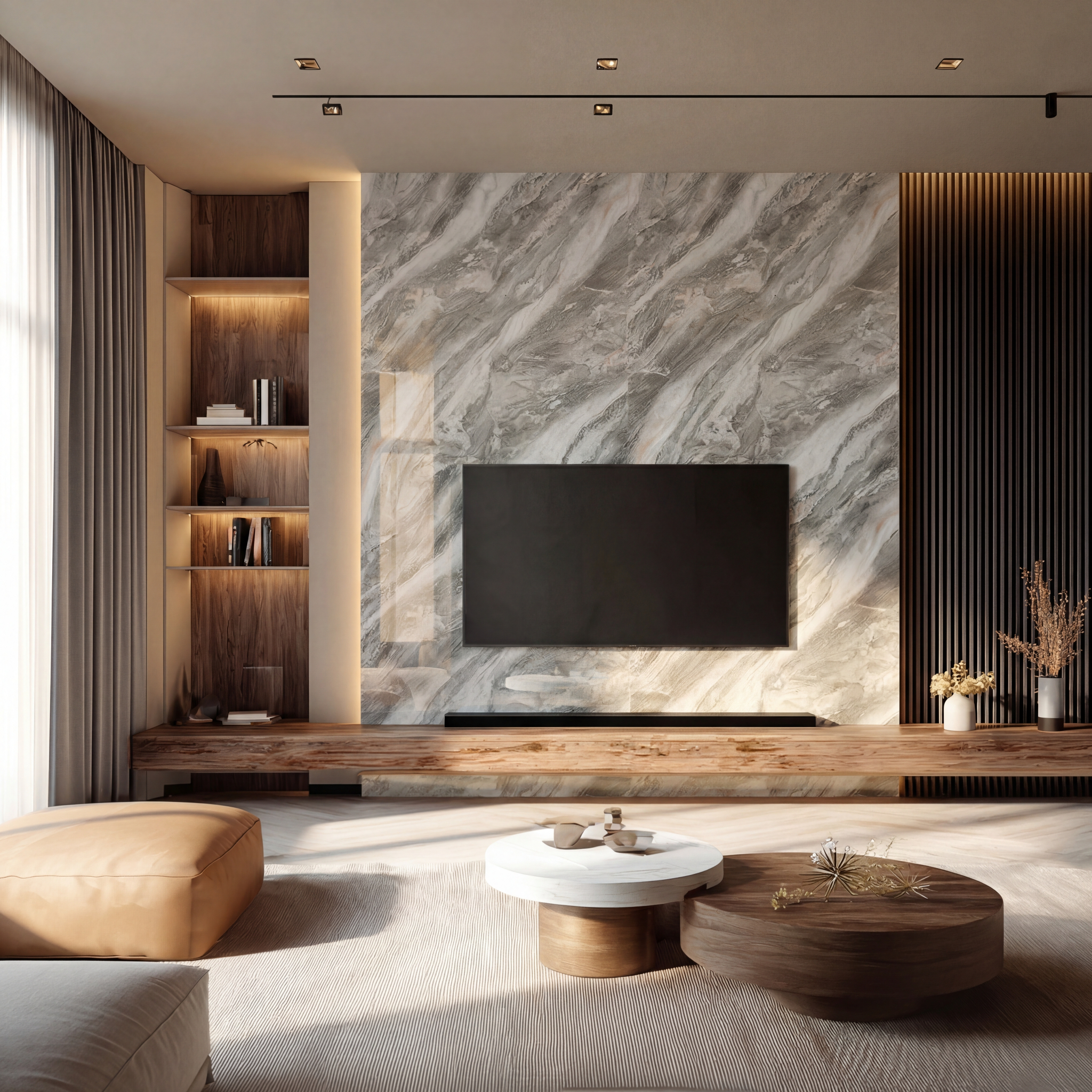 Modern living room with grey marble laminate TV wall, walnut wood ...