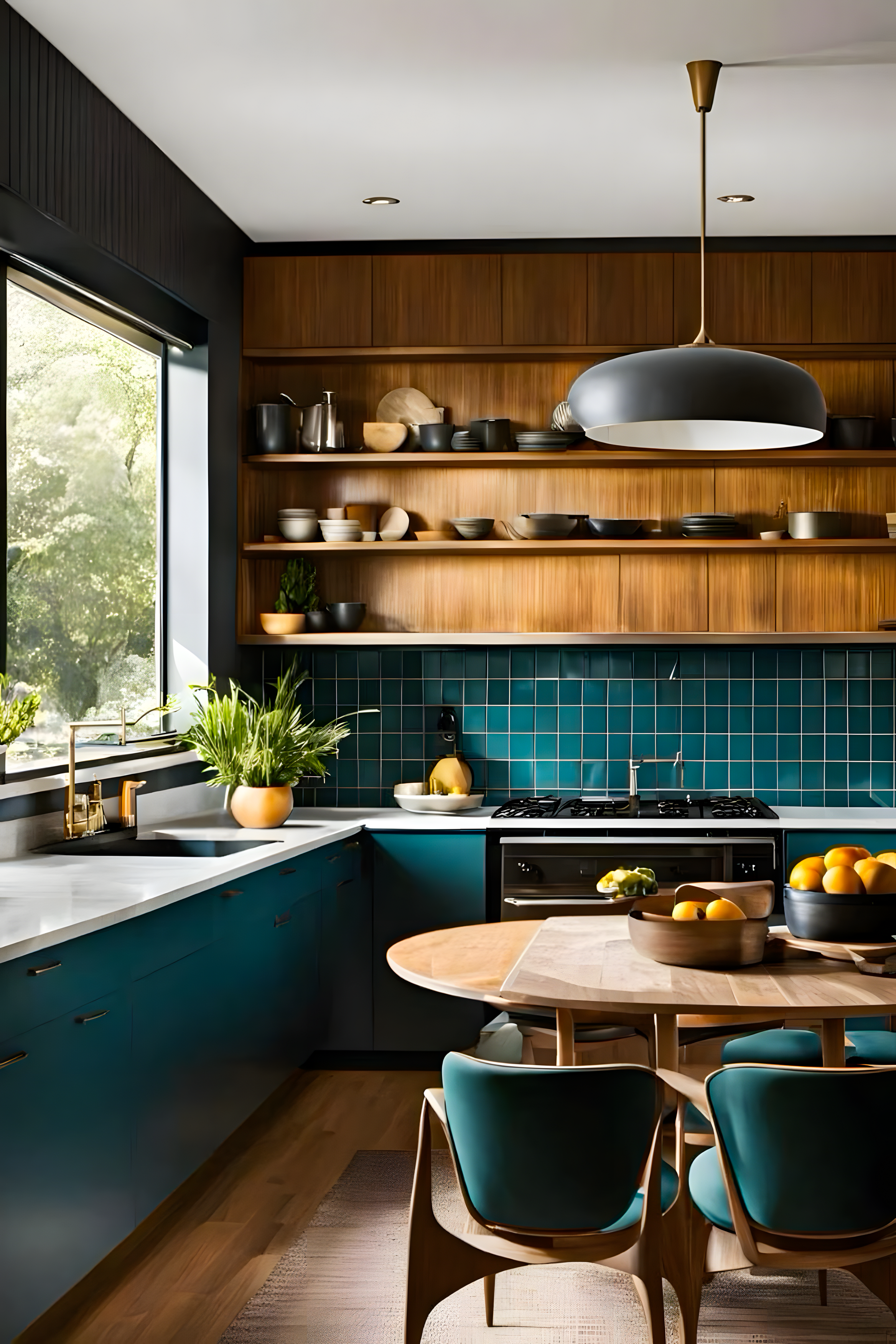 Mid-Century Modern Kitchen with Teal Cabinets and Wood Accents | Material Depot