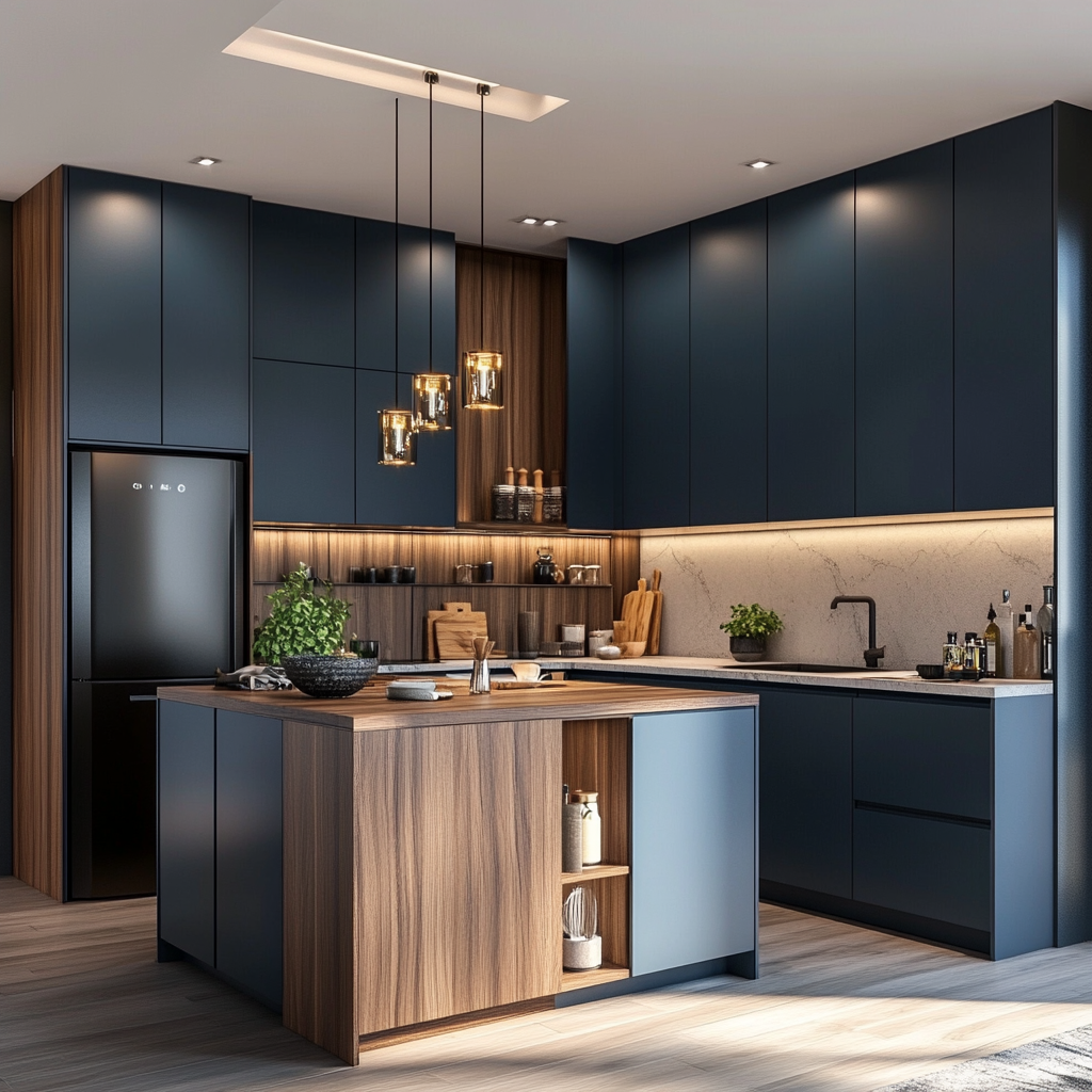 Midnight Blue Elegance: Modern Kitchen Design with Chic Wood Accents and Stylish Functionality | Material Depot