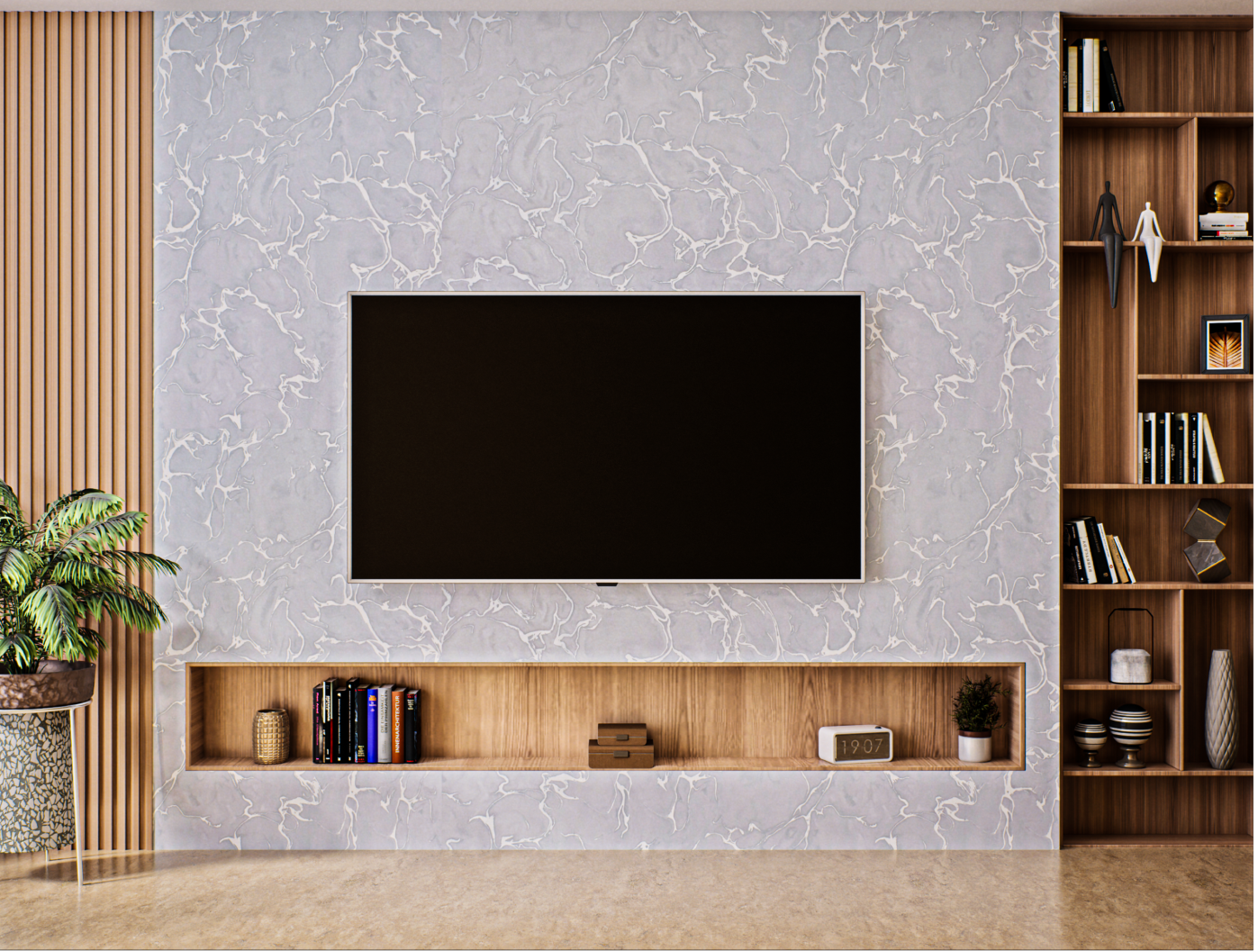 Minimal TV Unit With Light Grey Marble Laminate For Living Room | Material Depot