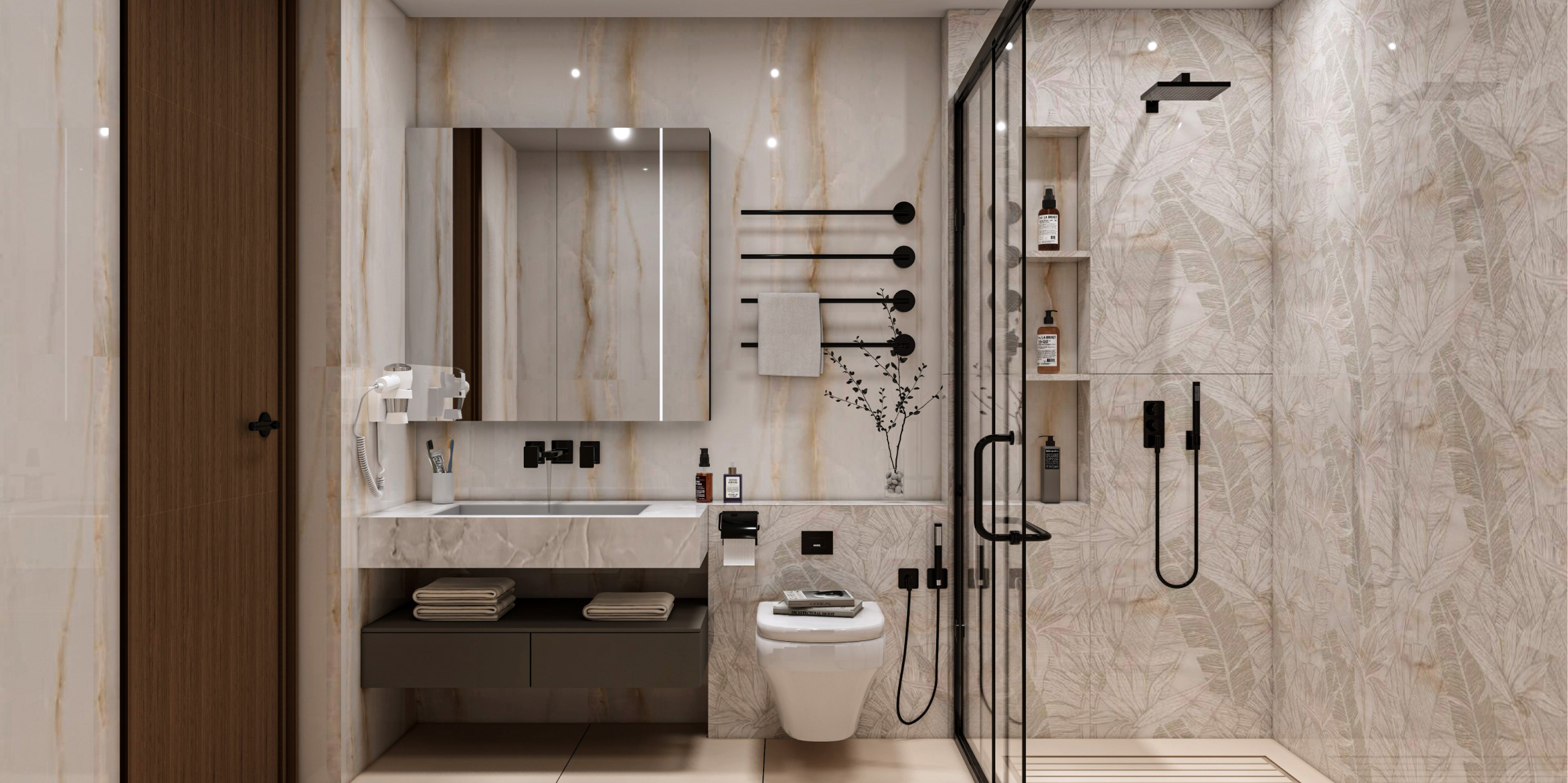 Minimalist Bathroom with Subtle Leaf-Patterned Tiles | Material Depot