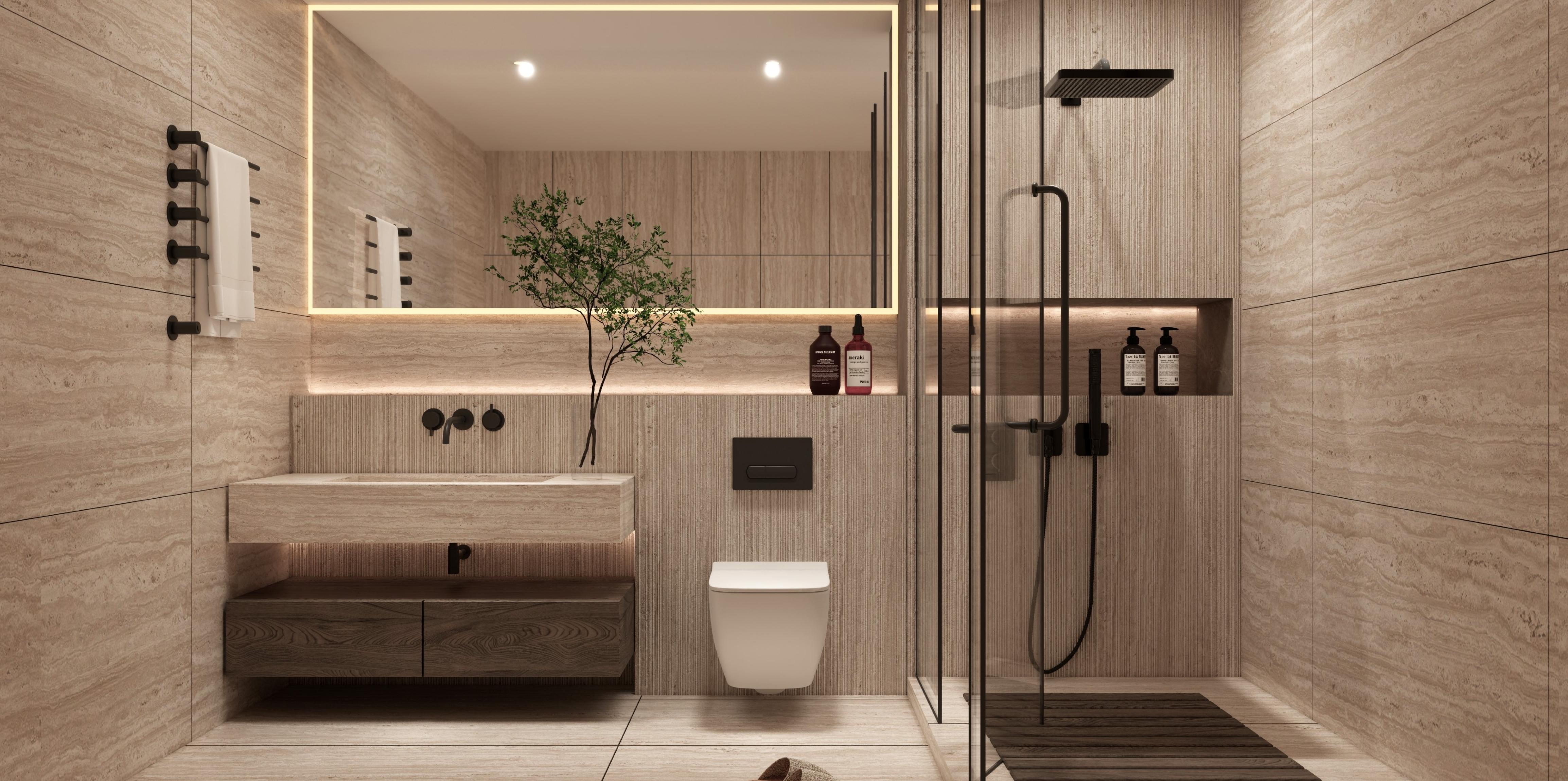 Minimalist Bathroom with Wooden Accents and Neutral Stone Tiles | Material Depot