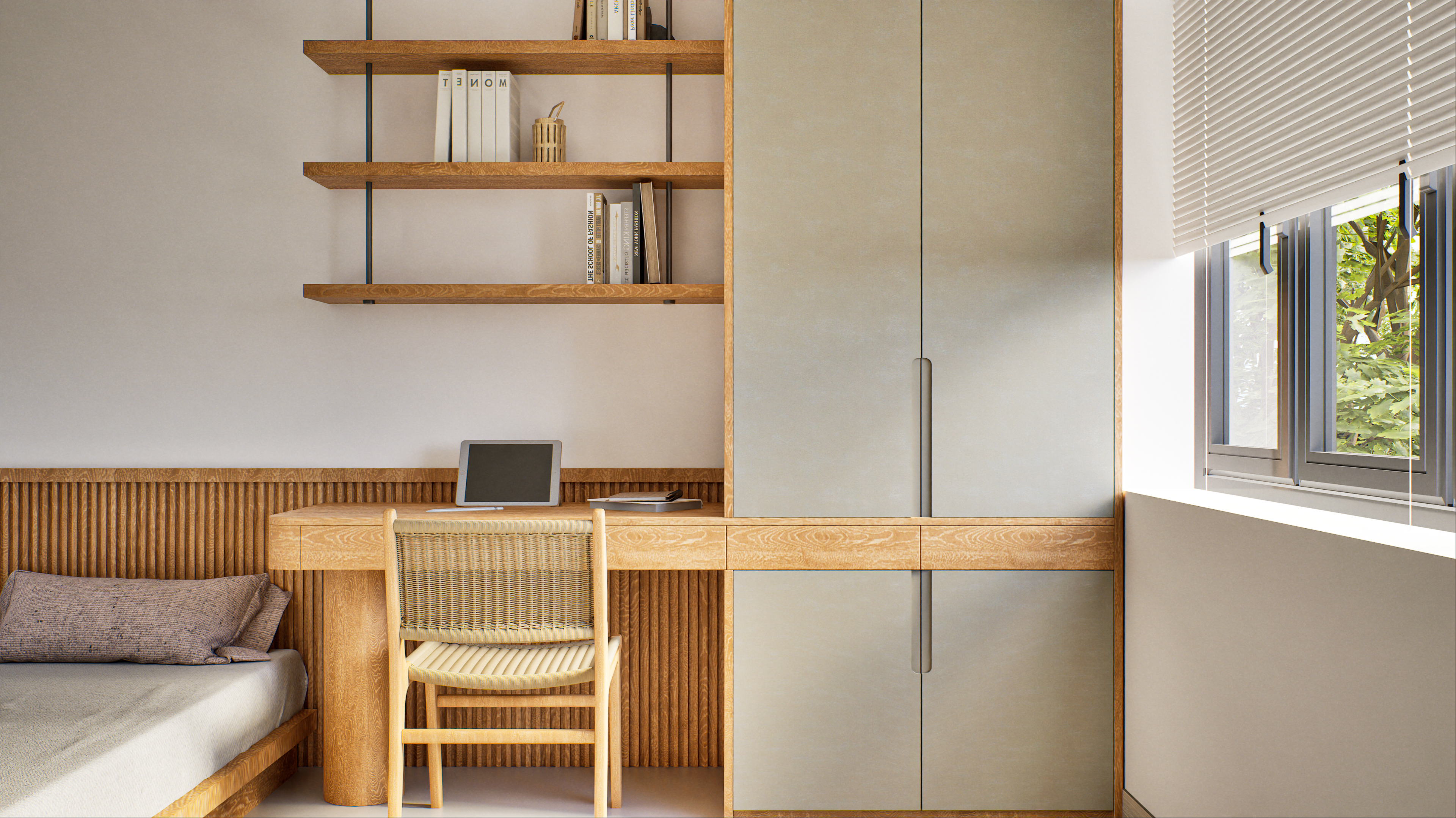 Minimalist Bedroom Workspace with Fluted Details and Natural Light | Material Depot