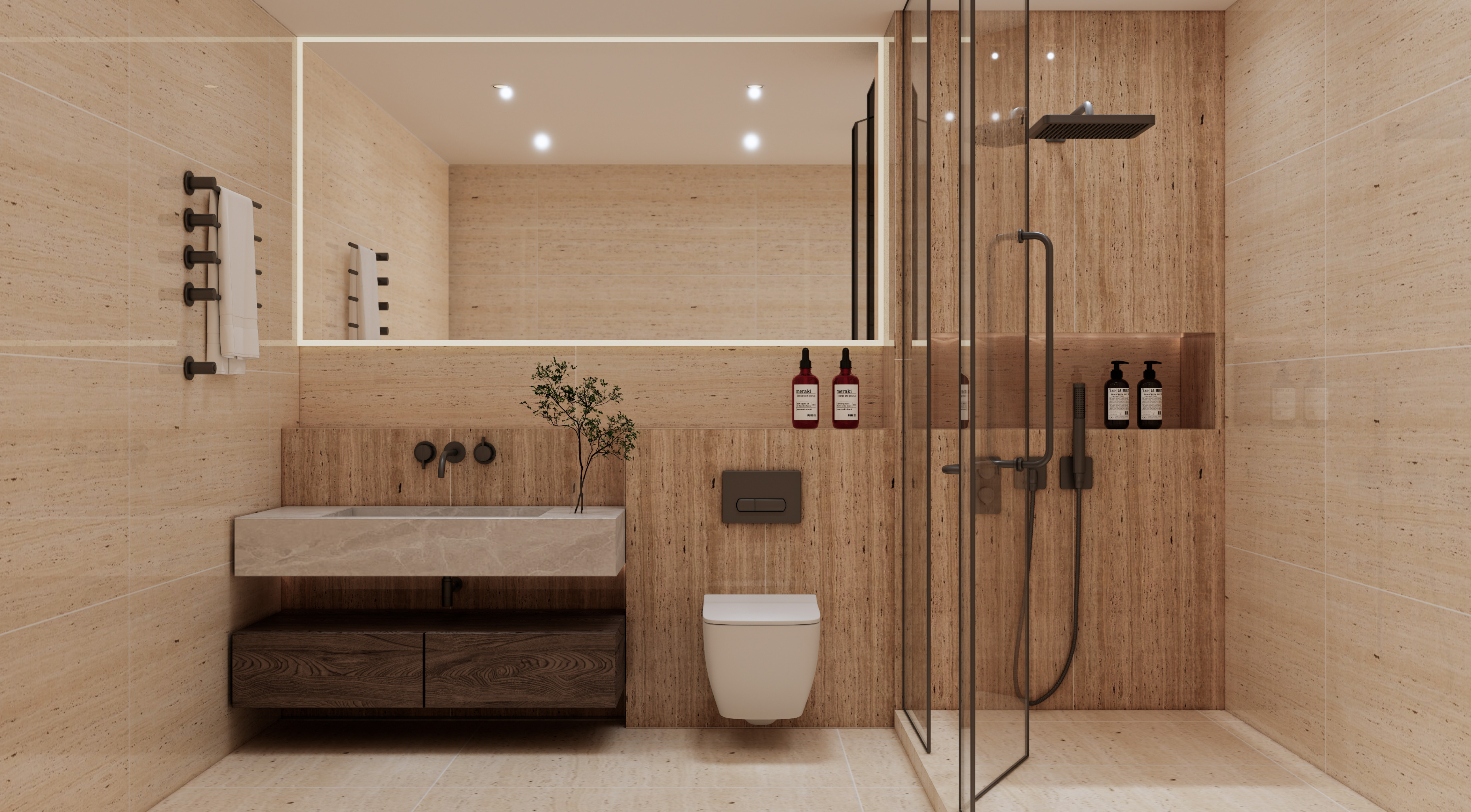 Minimalist Beige Bathroom with Travertine-Inspired Tiles | Material Depot