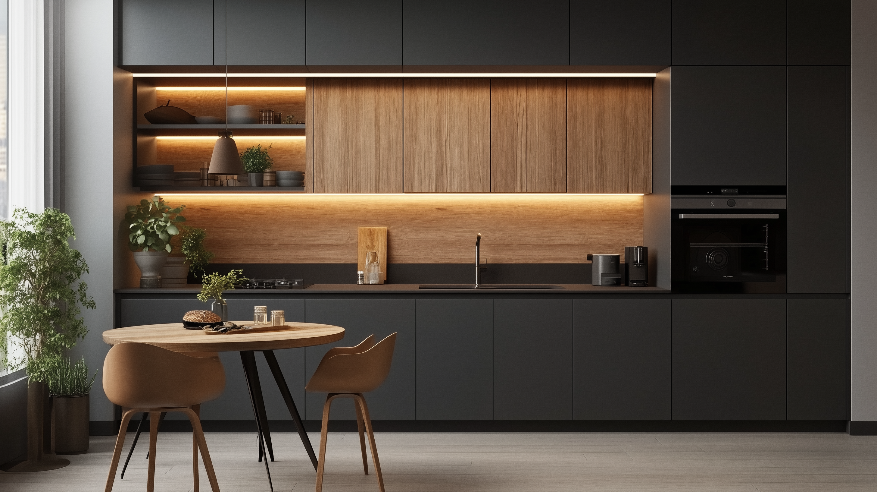 Minimalist Black and Wood Kitchen with Ambient Lighting and Open Shelves | Material Depot