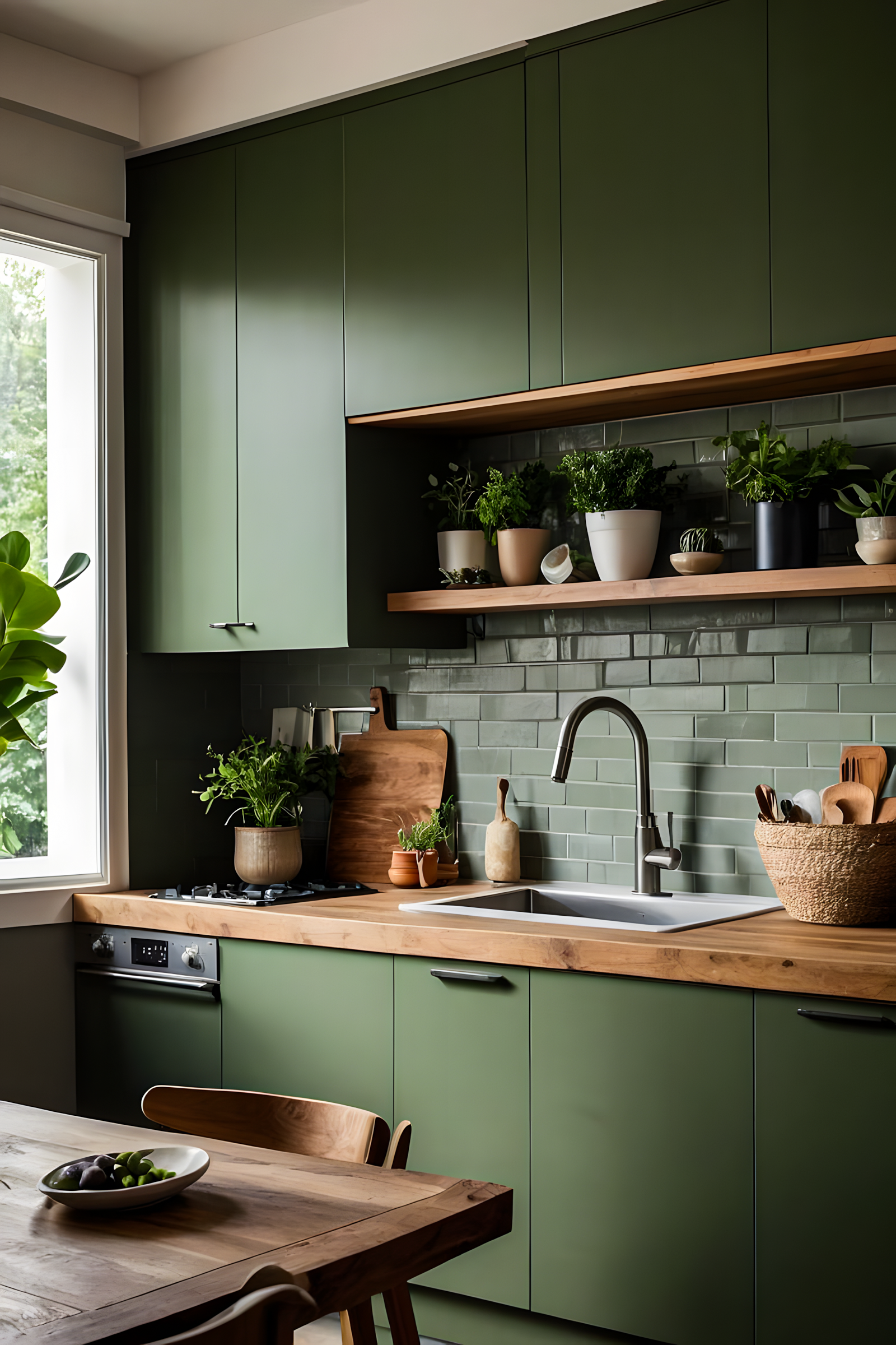 Minimalist Green Kitchen With Wooden Accents And Abundant Natural Light | Material Depot