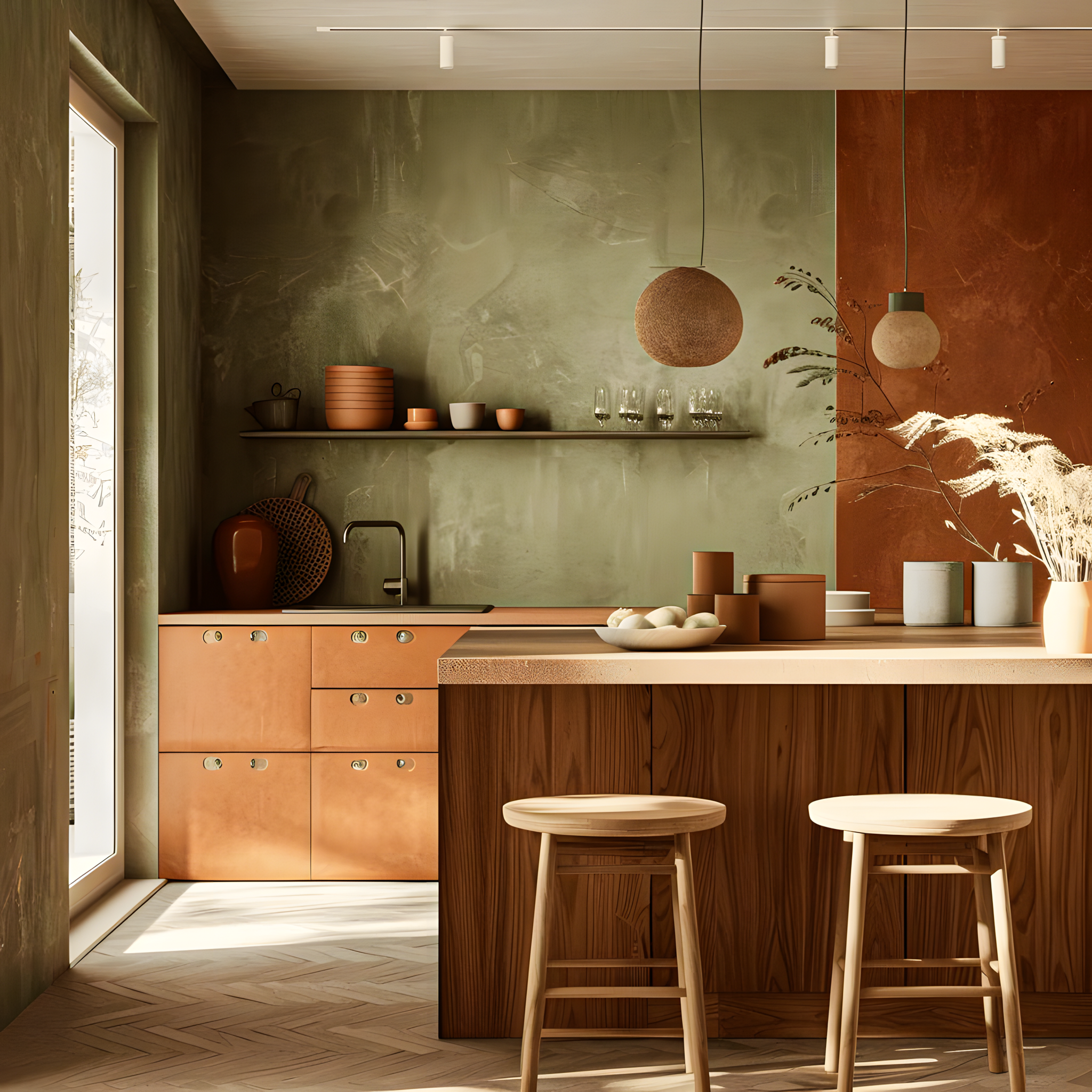 Minimalist kitchen with muted green and terracotta tones, creating a calm and earthy atmosphere. | Material Depot