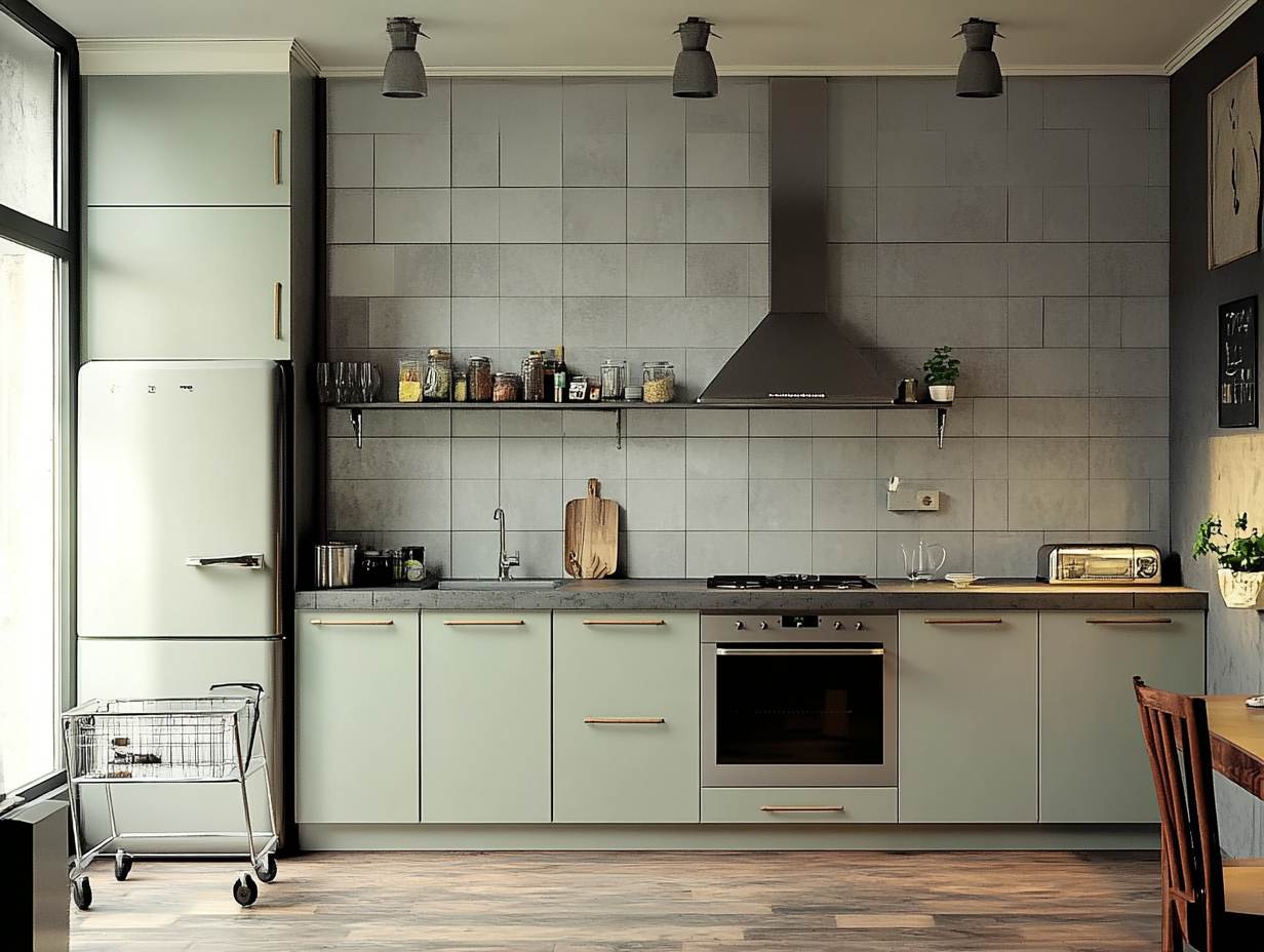 Minimalist Kitchen with Pastel Cabinets and Retro Fridge | Material Depot