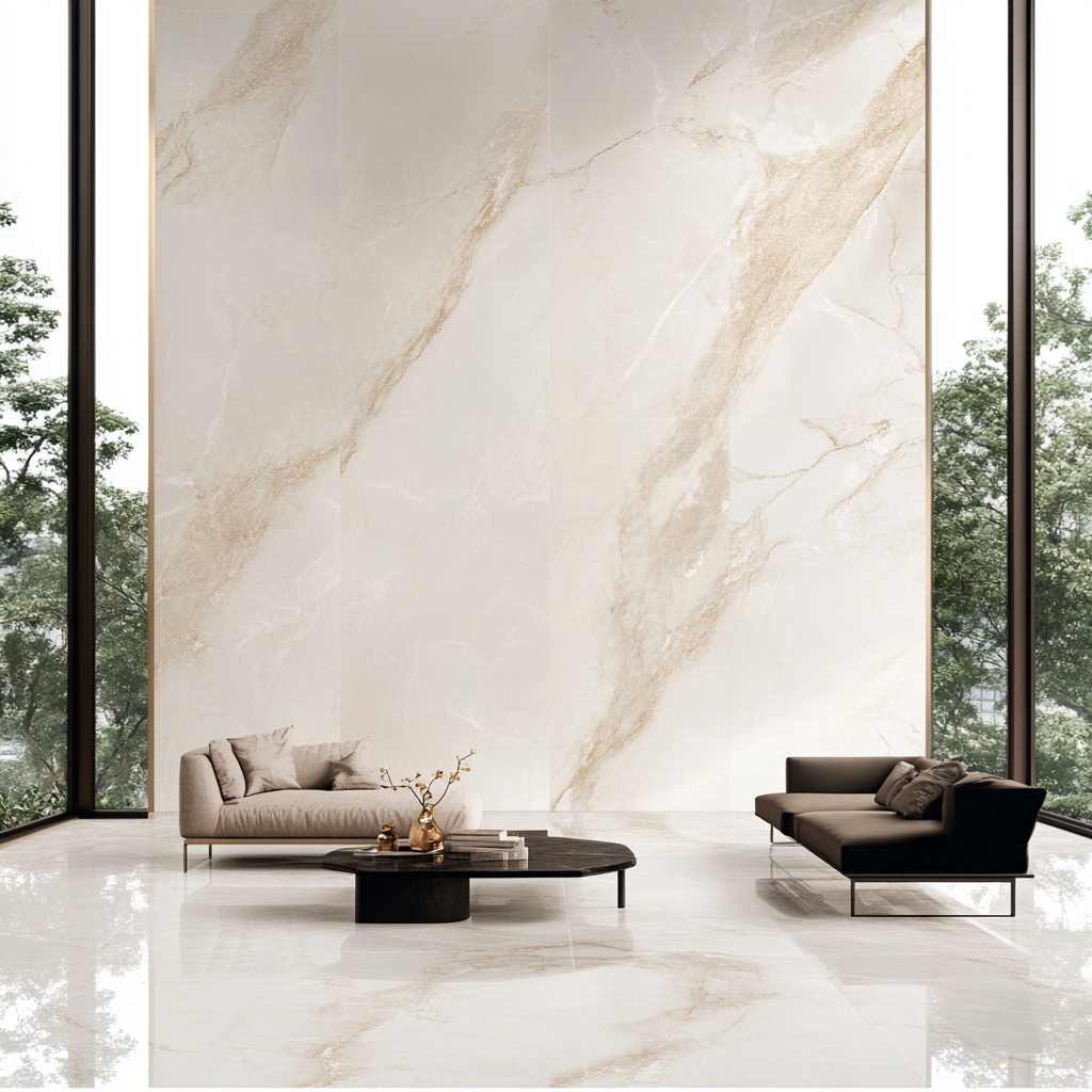 Minimalist Living Room with Marble-Look Tiles and Floor-to-Ceiling Windows | Material Depot