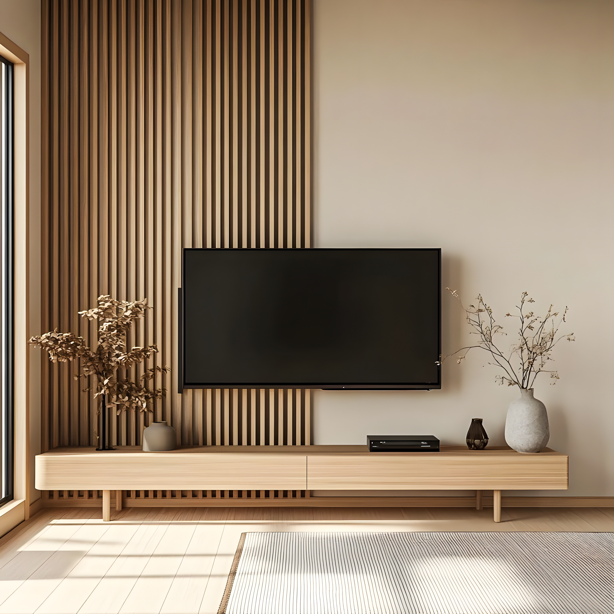 Minimalist TV Unit with Wood-Paneled Accent Wall | Material Depot