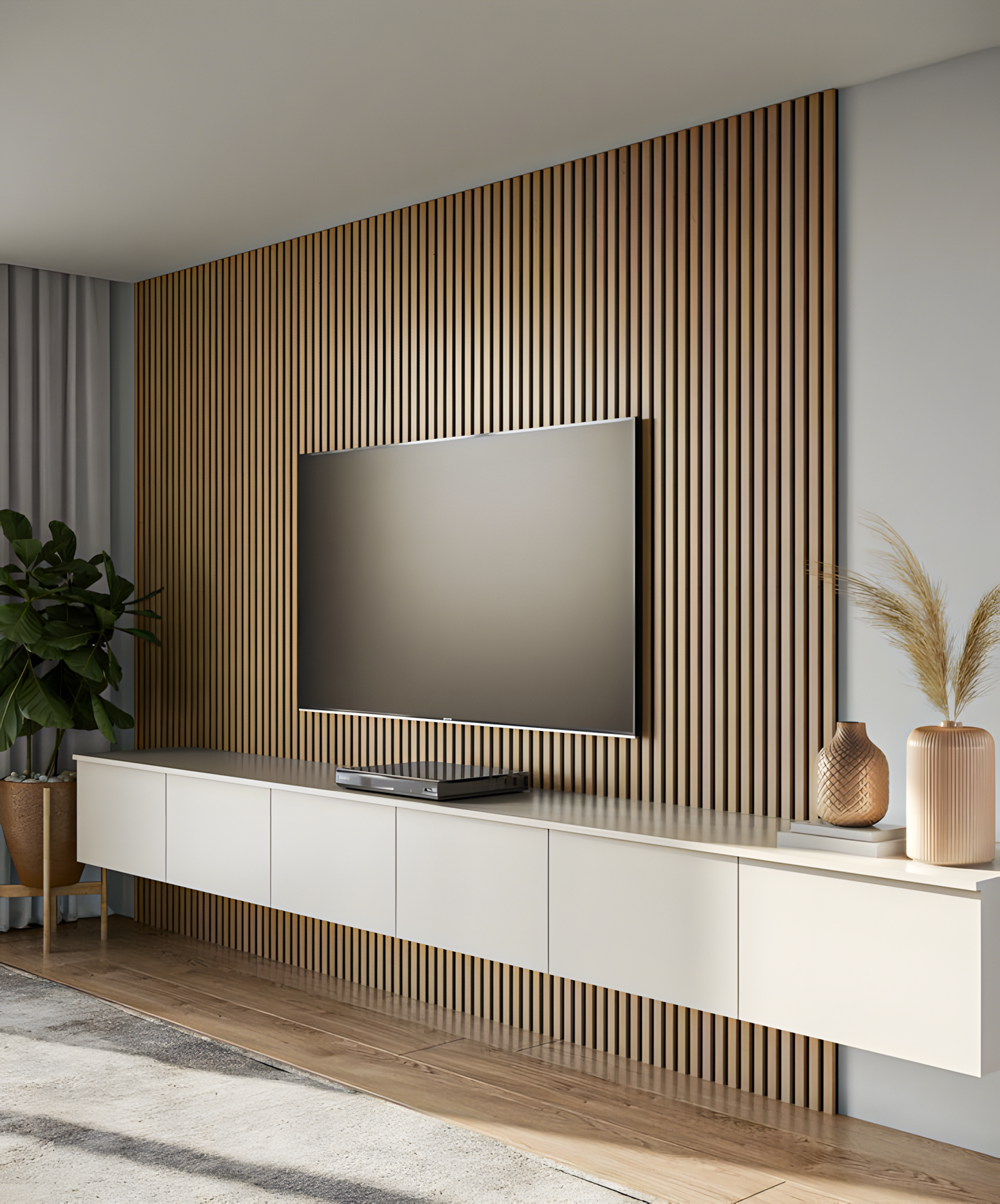 Minimalist TV Unit with Wood-Paneled Accent Wall and Neutral Tones | Material Depot