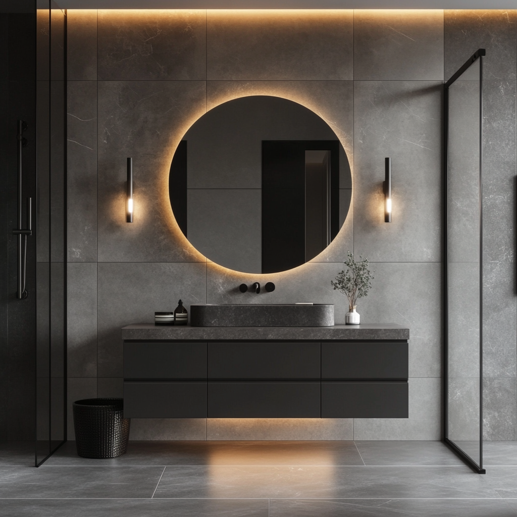 Minimalist Mastery: Sleek and Modern Bathroom with Circle Backlight Mirror and Gray Tones | Material Depot