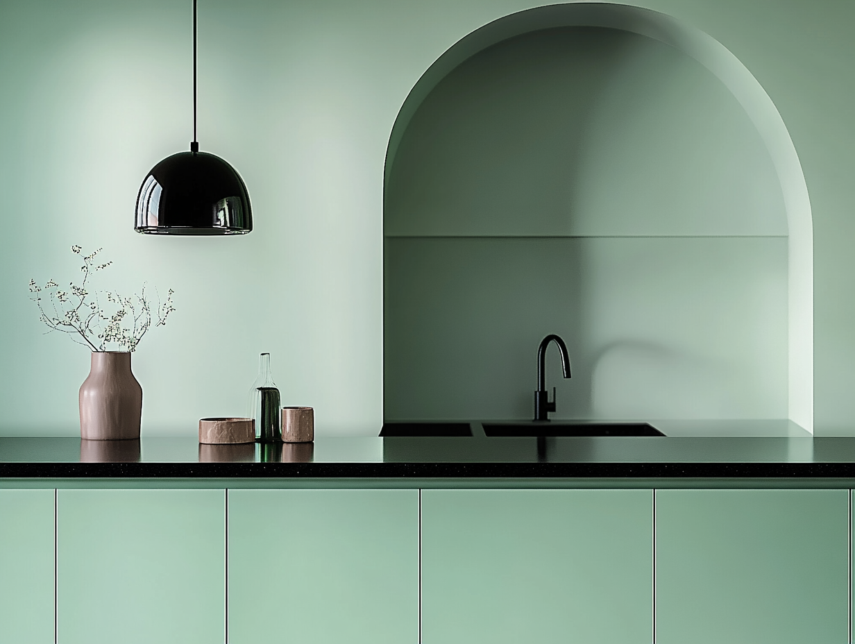 Minimalist Mint Green Kitchen with Sleek Arch Detail | Material Depot