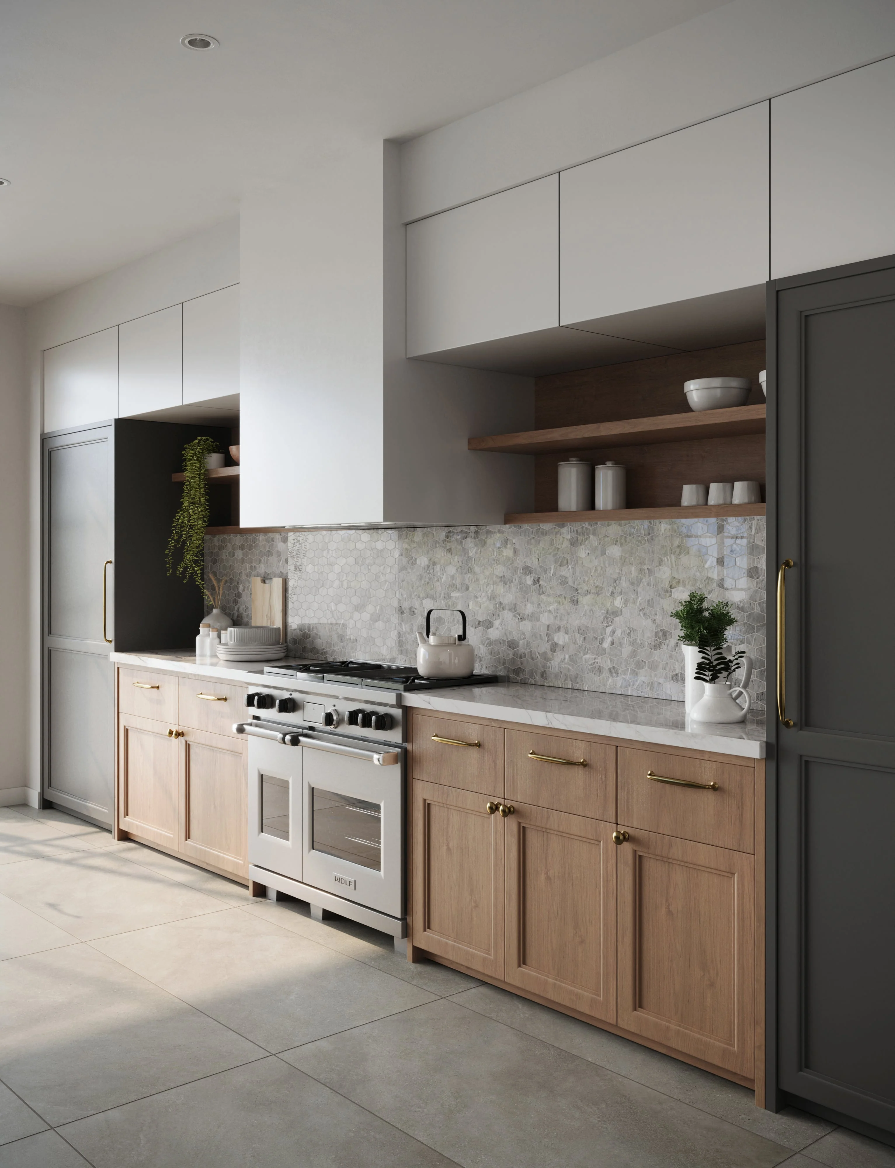 Minimalist Modern Kitchen with White and Grey Tiled Backsplash, Wood ...