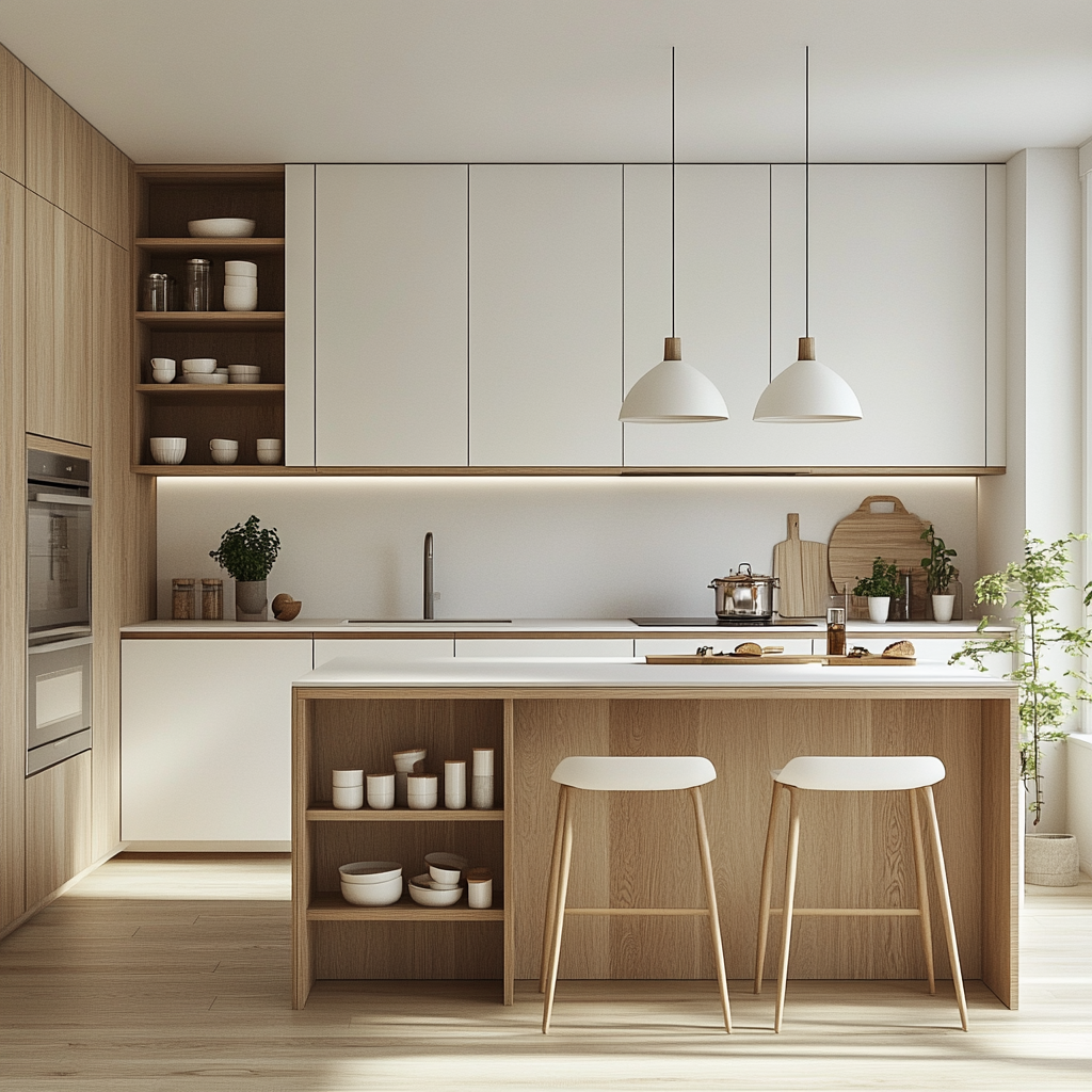 Minimalist Modern Kitchen with Wood Accents and Open Shelving | Material Depot