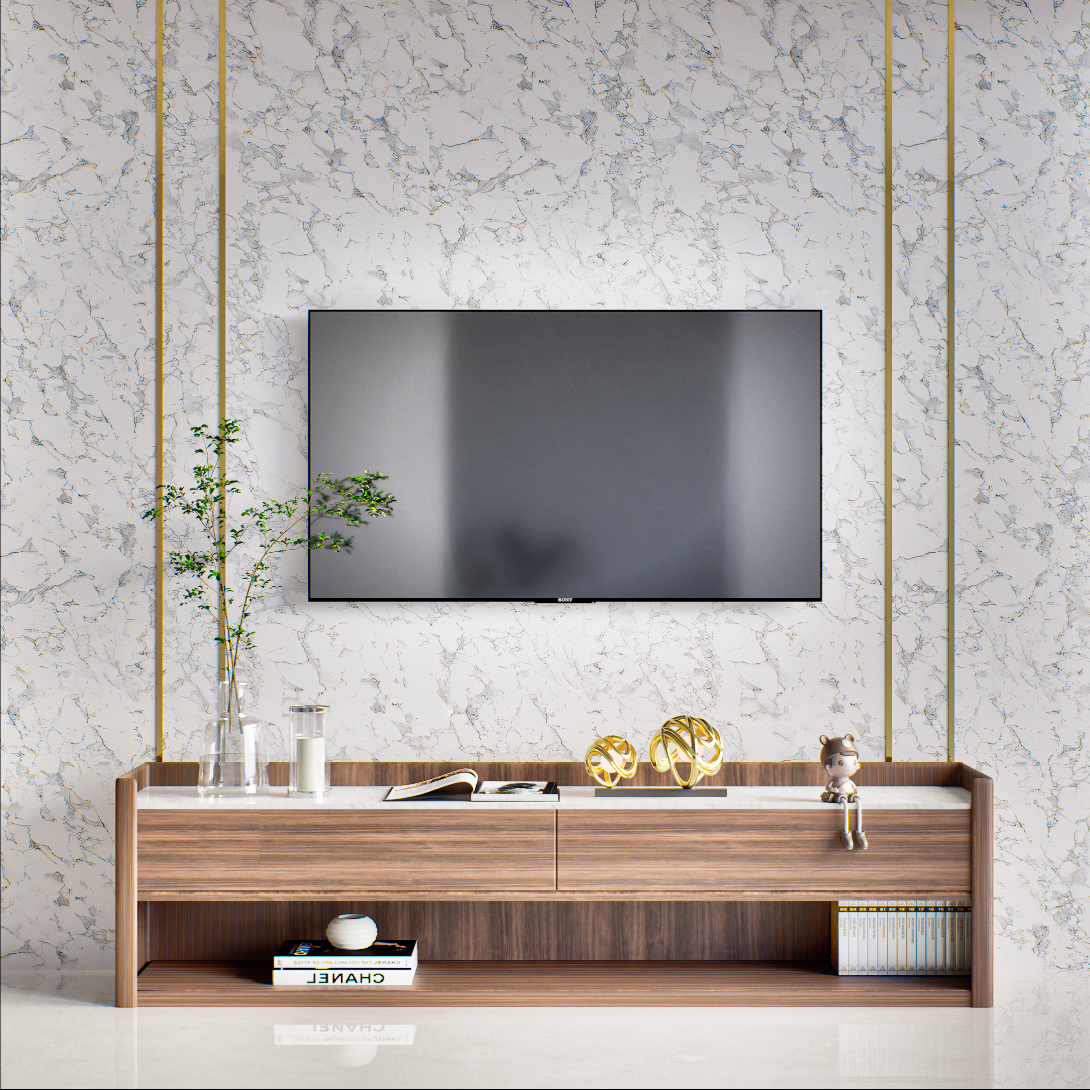 Minimalist TV Unit with White Marble Wall and Wooden Console | Material Depot