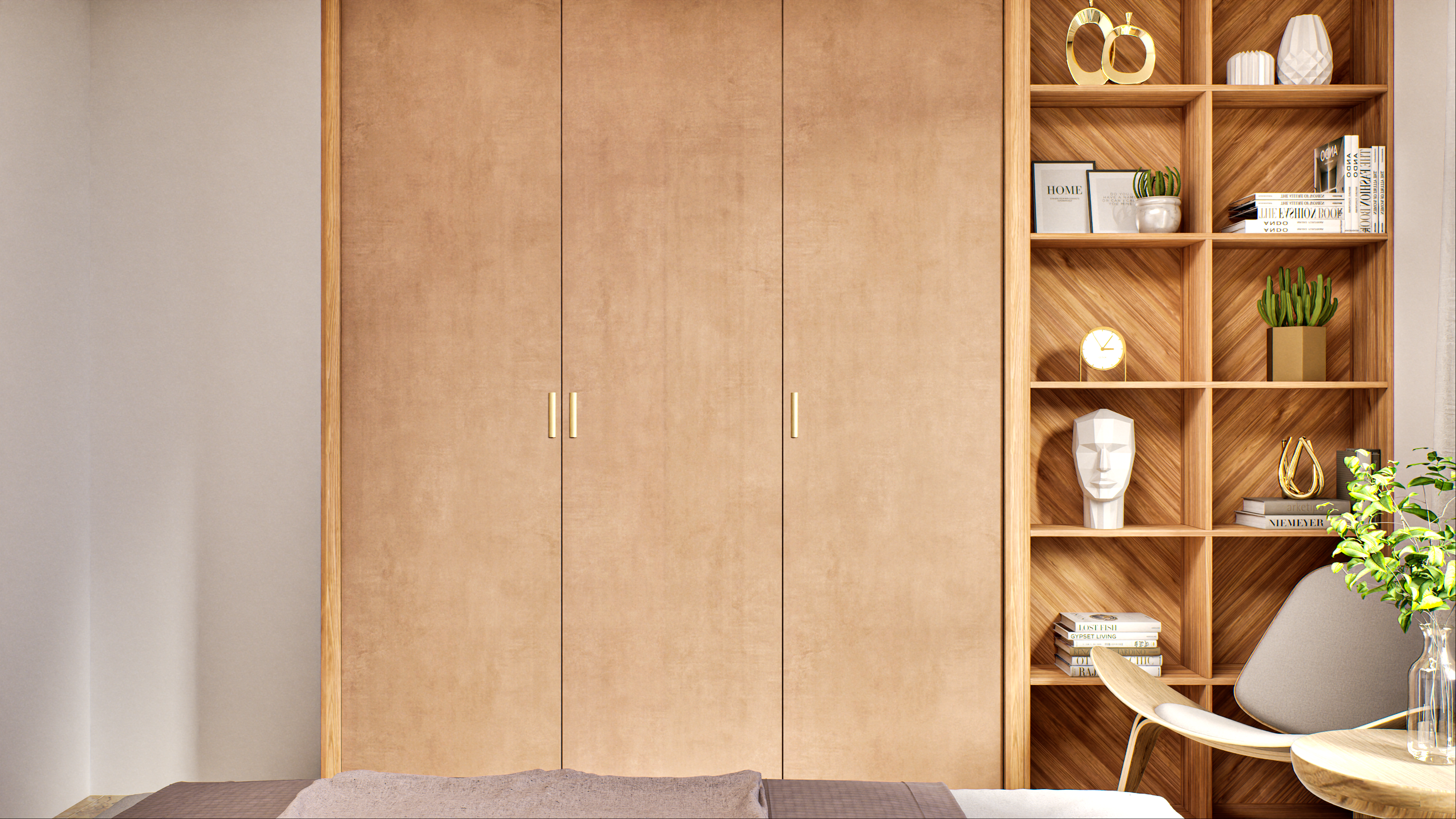 Minimalist Wardrobe with Integrated Bookshelf and Gold Accents | Material Depot